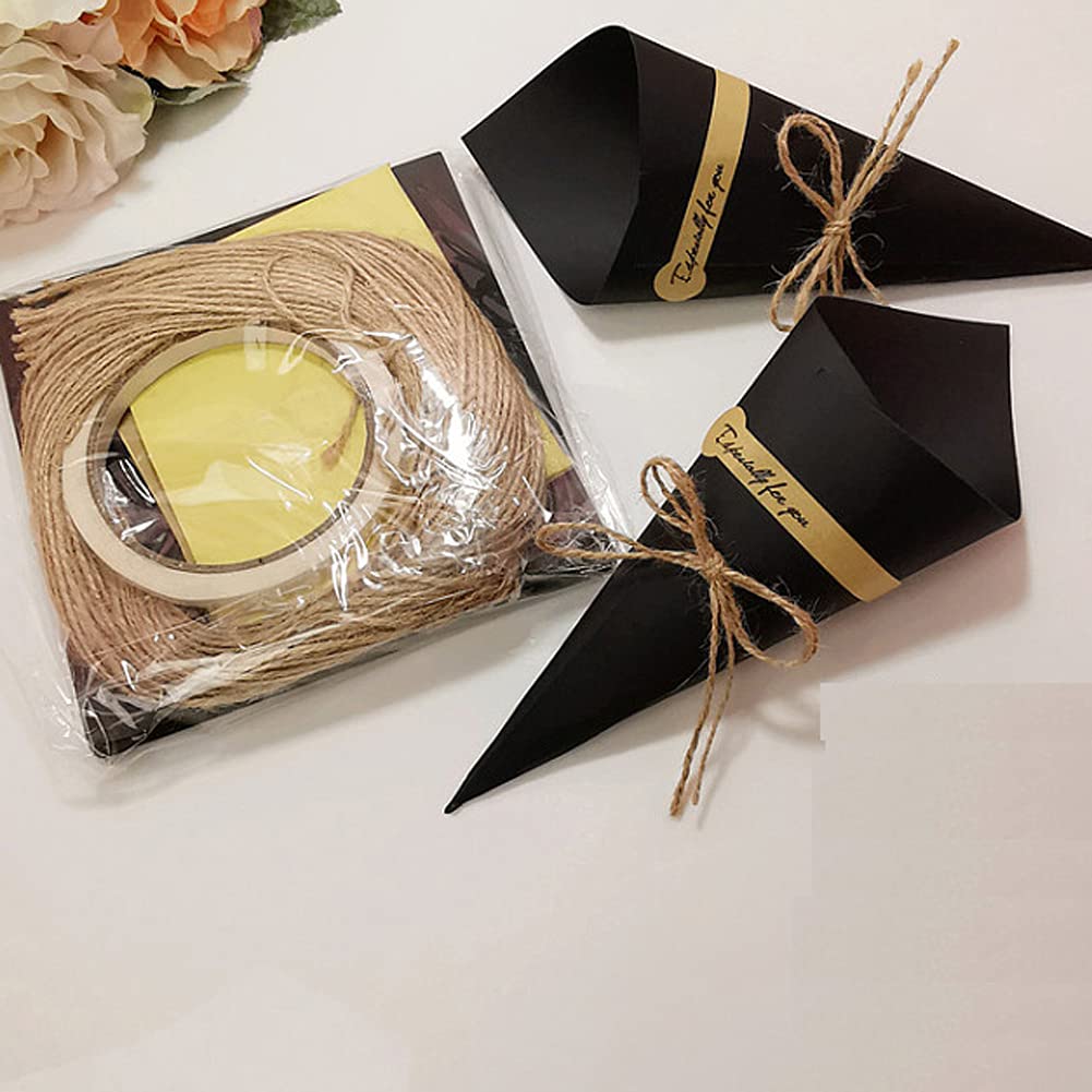 50Pcs Kraft Paper Cones for Wedding Bouquet Wrapping, Confetti & Candy Gifts - Eco-Friendly DIY Flower Holder with Hemp Rope - Perfect for Wedding Table Decor, Party Favors & Gift Packaging (Black) - Ideal for Bridal Showers, Baby Showers & Birthday Celebrations