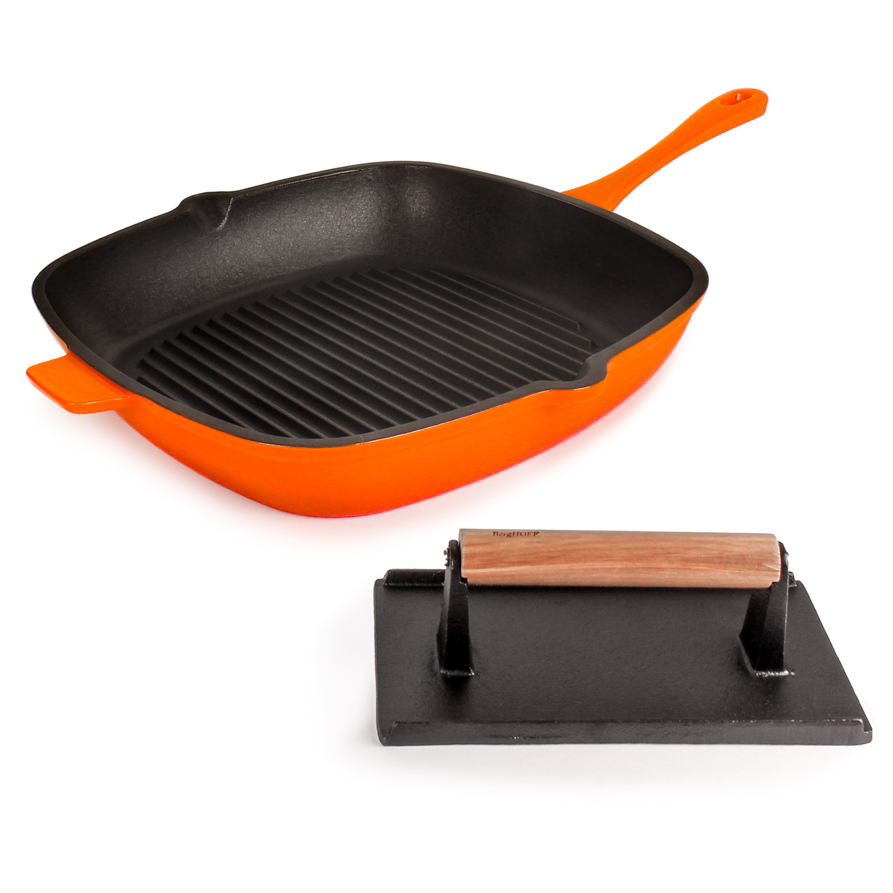 BergHOFF Neo 2-Piece Cast Iron Grill Pan Set with Steak Press - 11 Inch, Orange | Perfect for Indoor/Outdoor Grilling, BBQ, Steak, Burgers & More