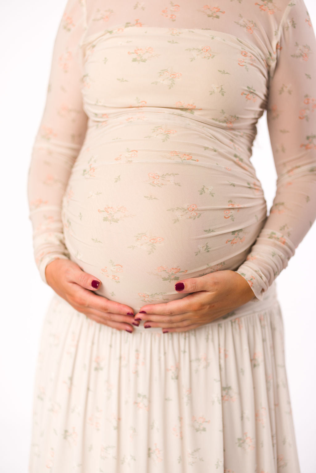 Camille Mesh Gathered Side Seam Maxi Dress in Nude Multi Floral - Bump Friendly Maternity Dress for Pregnancy, Nursing & Special Occasions | Perfect for Baby Showers, Weddings & Summer Vacations