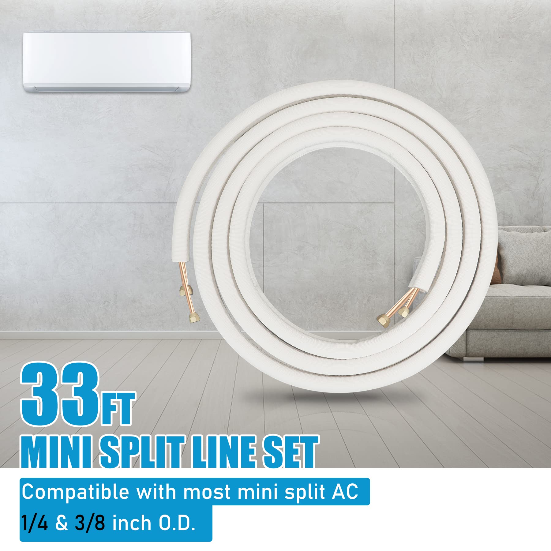 33 ft. Insulated Copper Aluminum AC Line Set - 1/4 & 3/8 Inch Refrigerant Pipes for Ductless Mini Split Air Conditioner & Heat Pump System - Perfect for Home, Office, and Commercial HVAC Installations