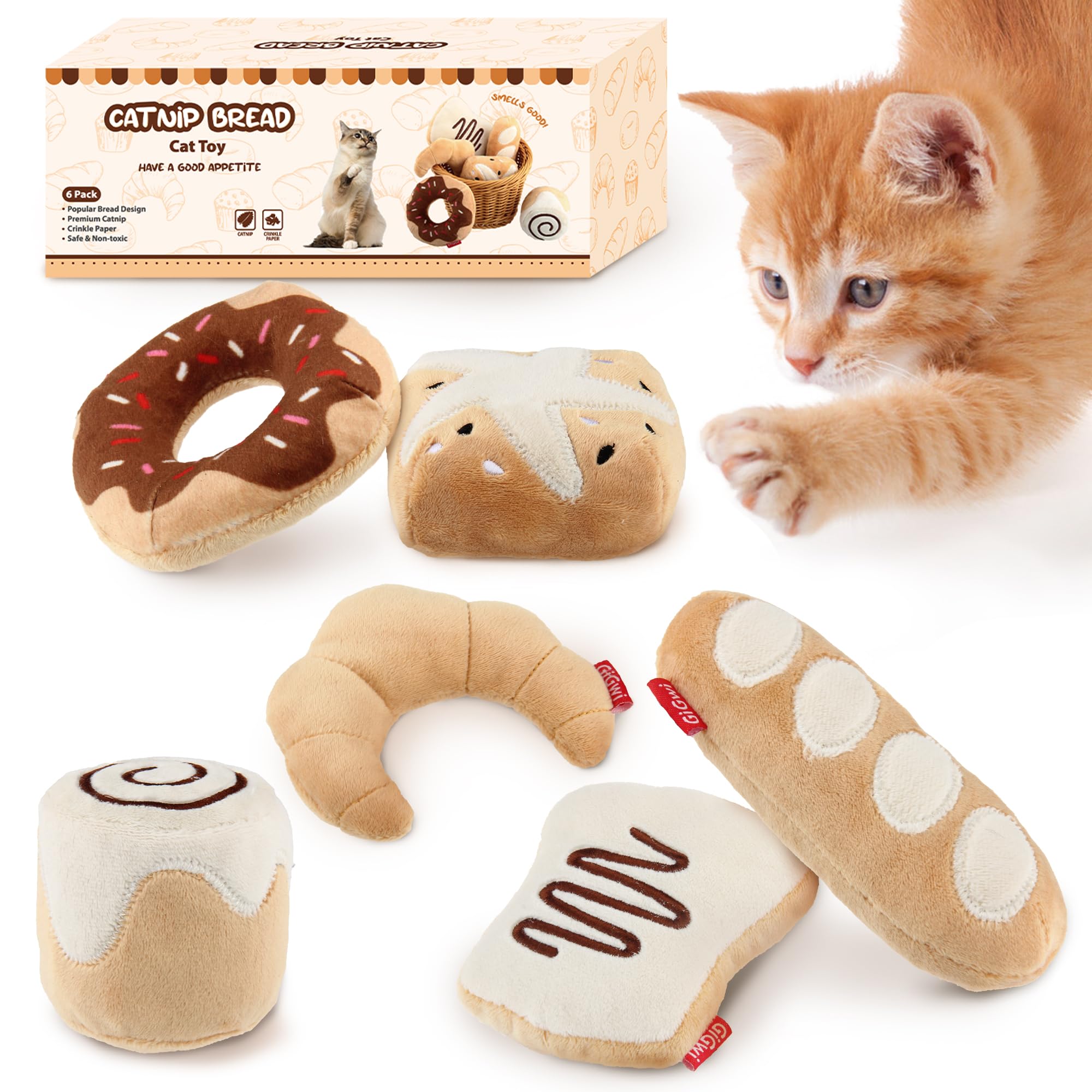 Gigwi Catnip Toys for Cats - 6 Pack Interactive Plush Cat Kicker Toys with Refillable Catnip, Crinkle Sound & Bread Design - Safe Kitten Teething Chew Toys for Indoor Play, Stress Relief & Enrichment Activities