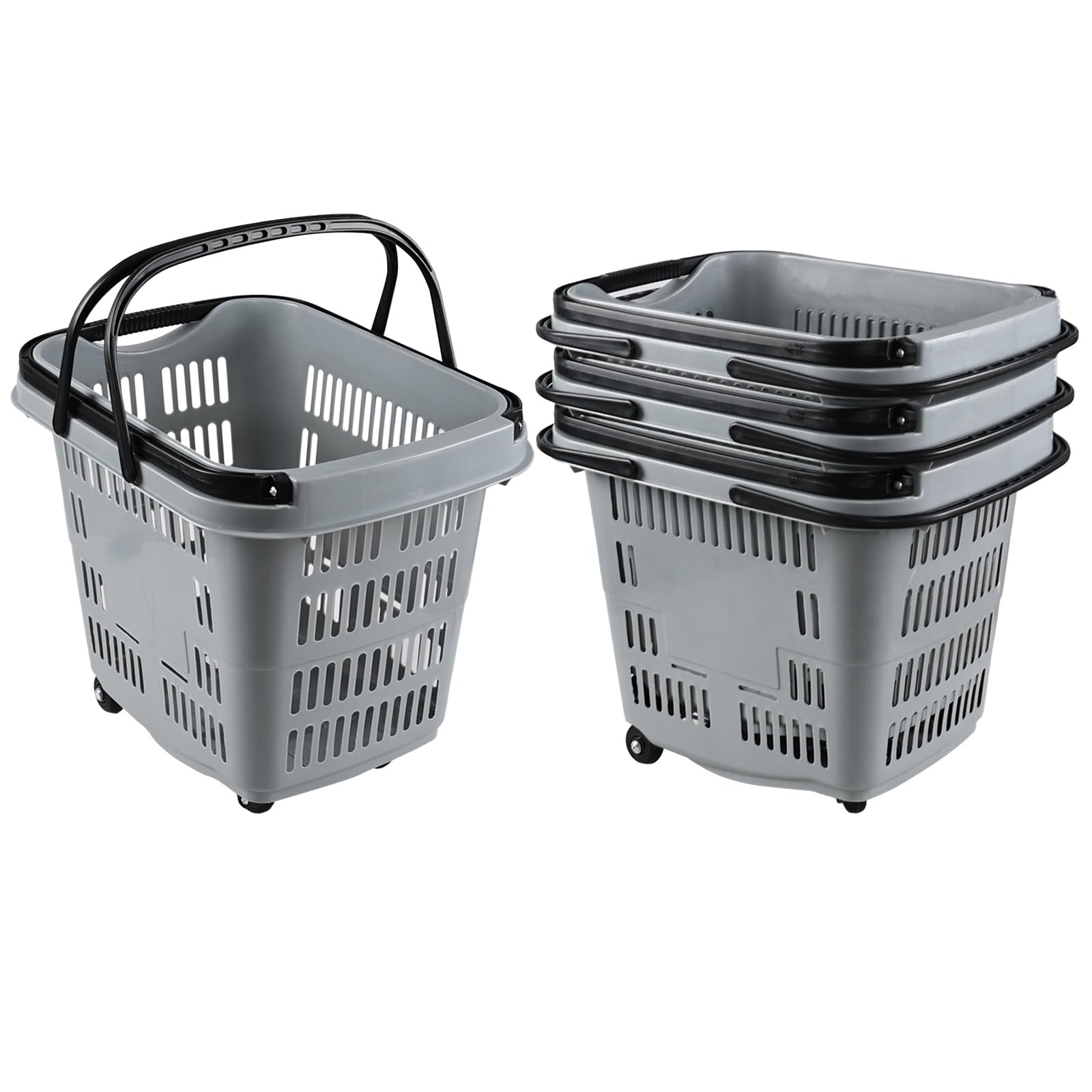 50L Rolling Shopping Basket with Wheels & Handle - 4-Pack Grey Plastic Grocery Cart for Supermarkets, Farmers Markets & Home Storage