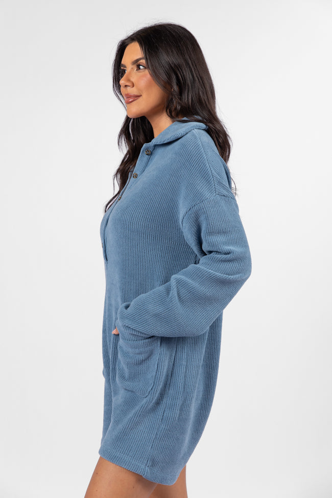 Now Or Never Gray Blue Chenille Button Front Romper - Soft & Stylish Jumpsuit for Women | Perfect for Casual Outings & Summer Vacations