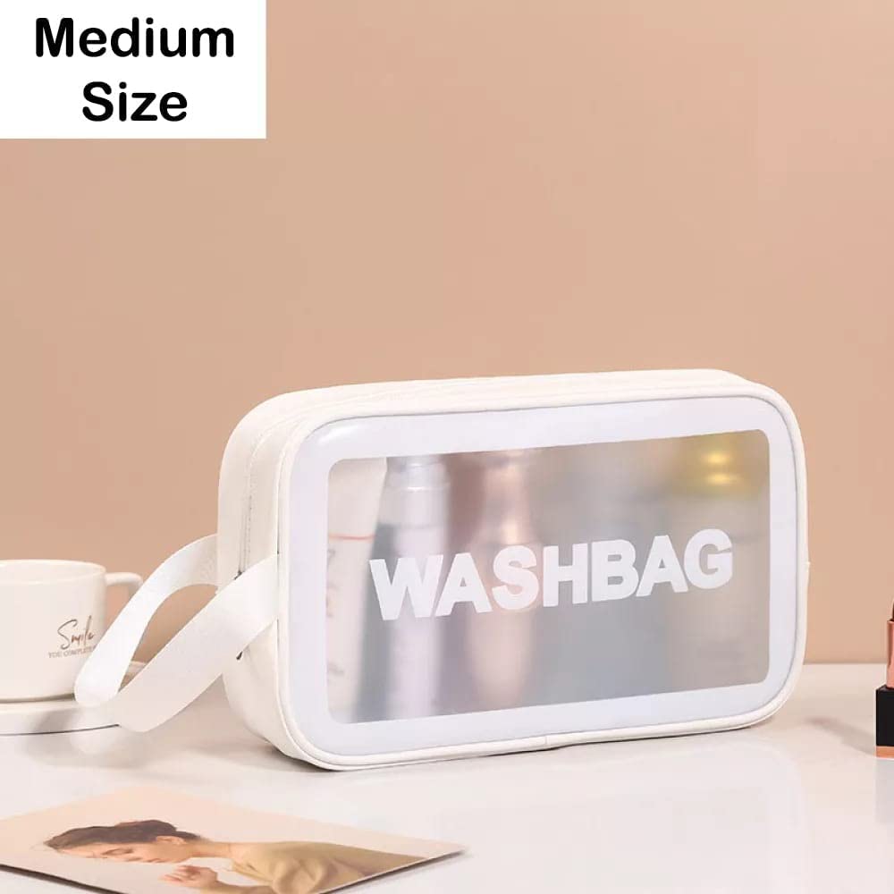 **Flywind Clear Toiletry Bag - Waterproof PVC Cosmetic Travel Organizer with Zipper for Women & Men (White, Medium) - Perfect for Travel, Gym, and Makeup Storage**