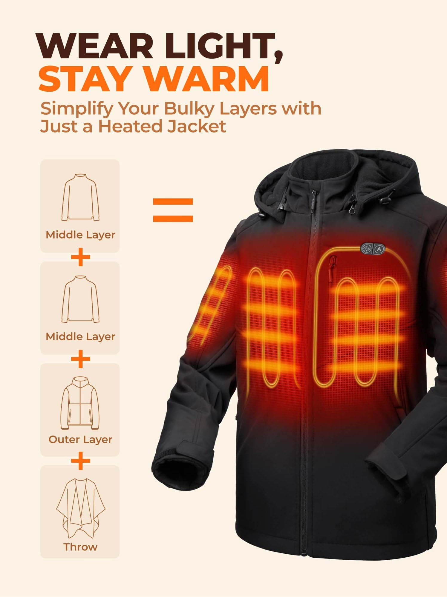 ORORO Men's 5-Zone Heated Jacket with Dual Temperature Control - Battery Powered Winter Heated Coat for Outdoor Work, Skiing & Cold Weather Activities (Charger Not Included)