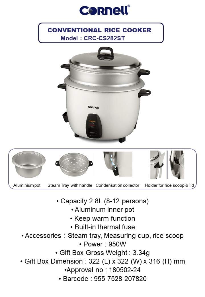 Cornell CRC CS282ST 2.8L Rice Cooker - Compact & Efficient for Perfect Rice Every Time - Ideal for Small Kitchens, Dorms & Office Use