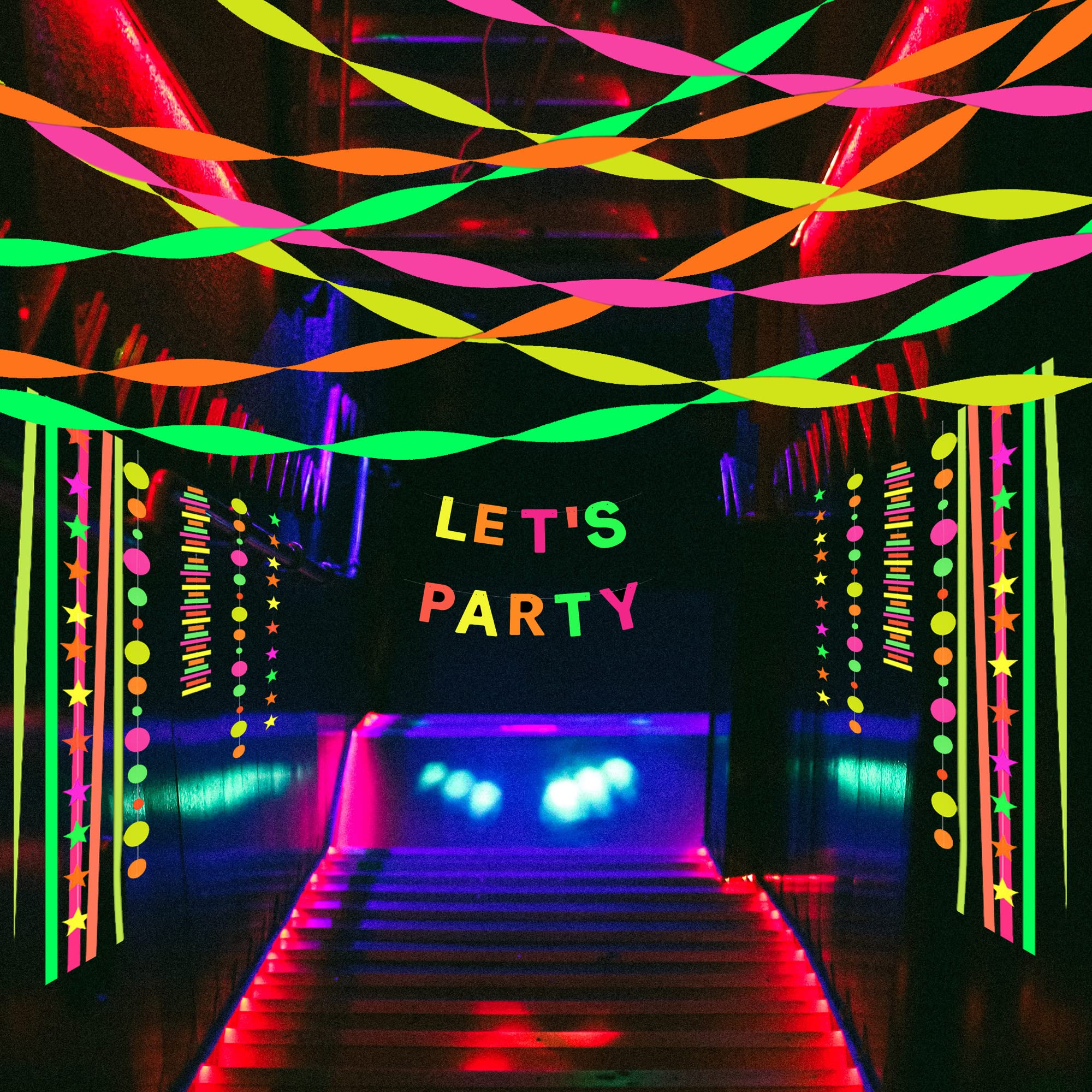 Glow in The Dark Party Streamers - 8 Rolls Neon Crepe Paper Decorations for Blacklight, Fluorescent Reactive Party Supplies | Perfect for Neon Parties, Birthday Celebrations, Raves & Nightclub Events