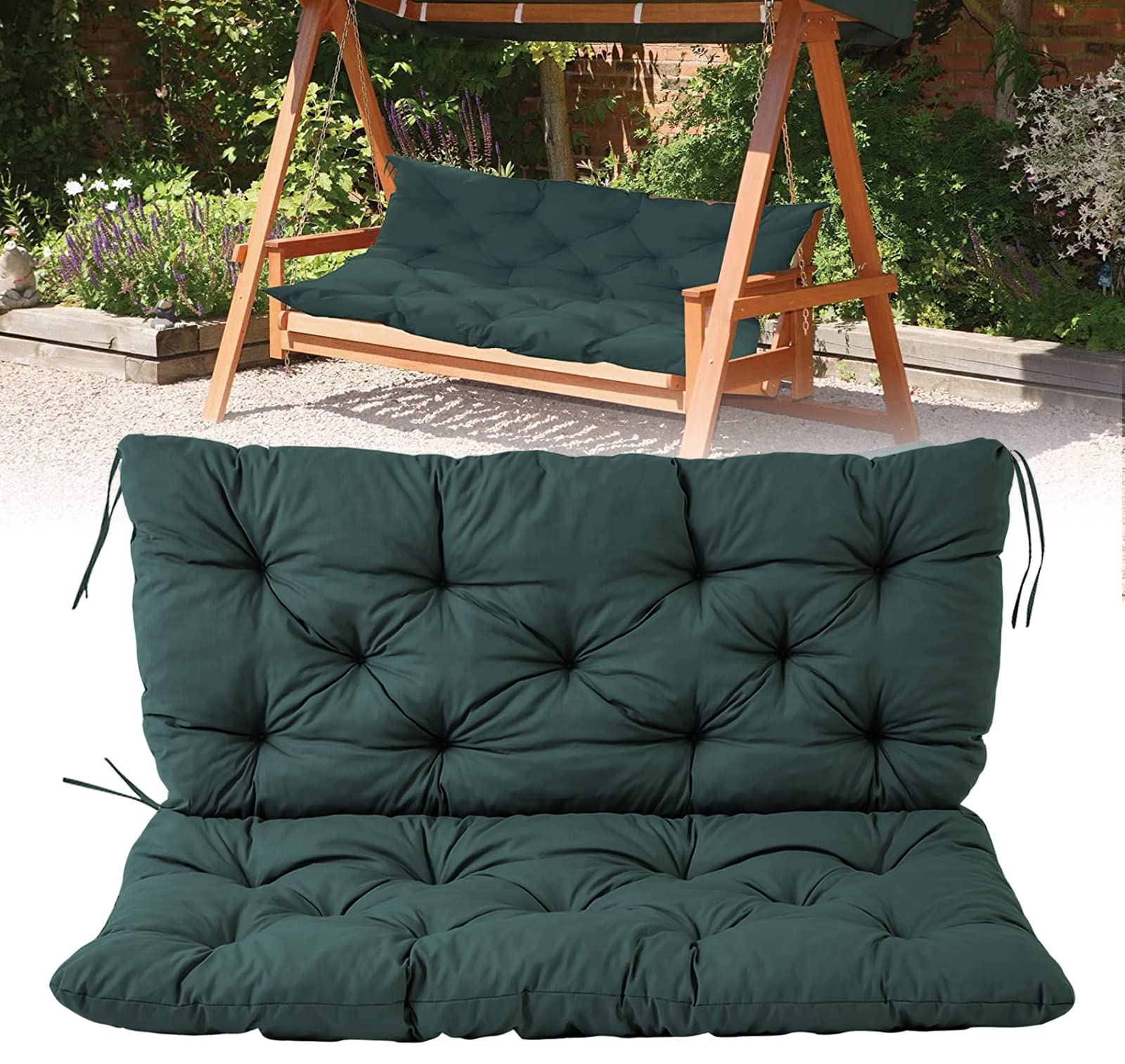 Outdoor Swing Cushion with Back Support - 3 Seater Replacement Cushion for Garden Bench, Thick Waterproof Non-Slip Patio Furniture Cushion (Dark Green, 47.2x39.3x3.9 Inches) - Perfect for Porch, Deck, Backyard & Outdoor Lounging