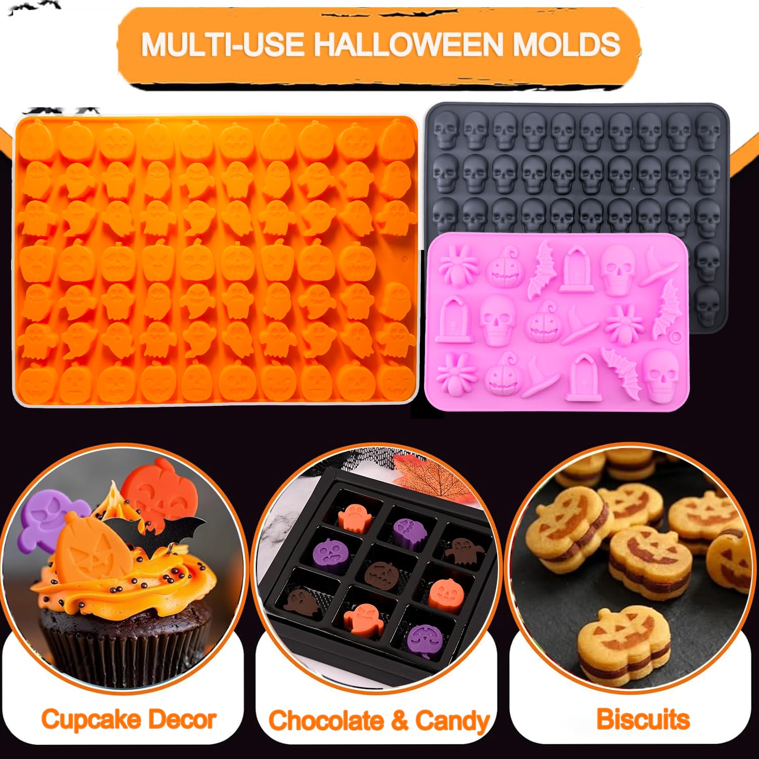 3 Pack Halloween Candy Silicone Molds - 145 Cavity Mini Pumpkin, Ghost, Skull & Spider Witch Hat Chocolate Molds with 2 Droppers | Perfect for DIY Gummy, Chocolate & Candy Making at Home, Parties & Halloween Treats