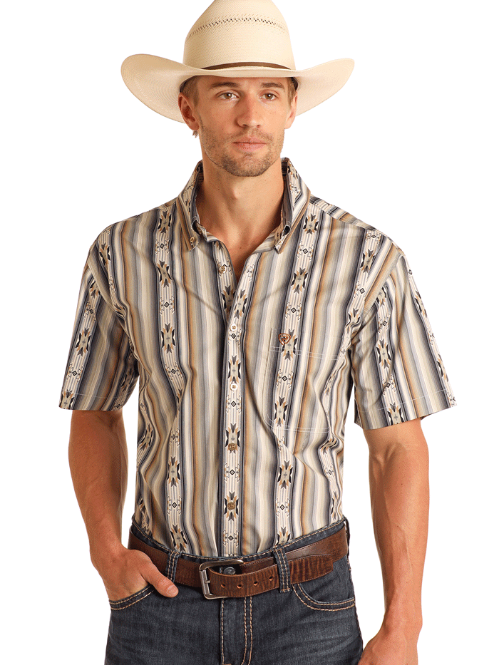 Rock & Roll Denim Men's Aztec Stripe Print Short Sleeve Shirt - Tan Casual Button Up Shirt for Summer, Music Festivals and Streetwear Fashion