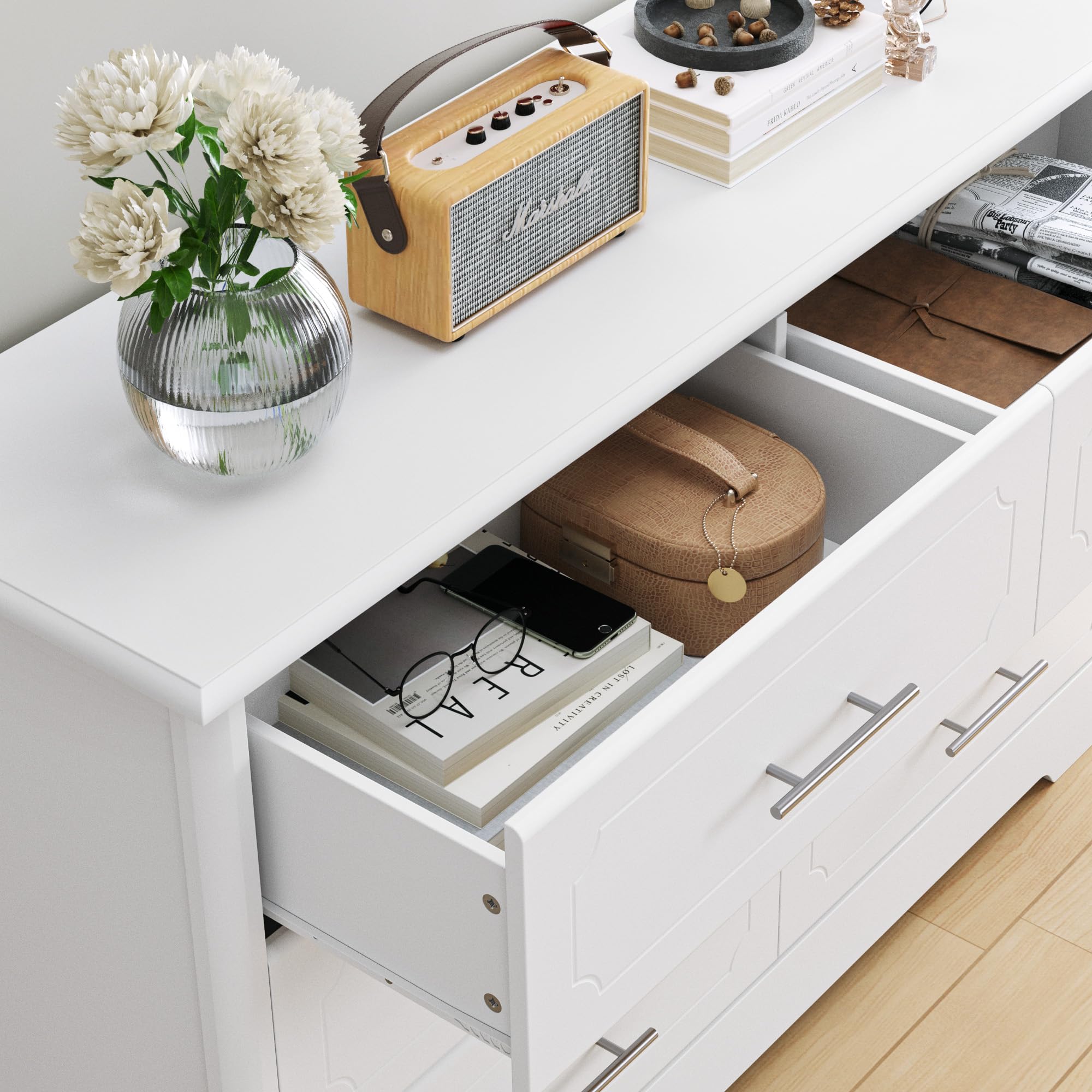 HOSATCK 6-Drawer Dresser - Modern White Wooden Chest of Drawers with Metal Handles, Bedroom Storage Organizer for Clothes, Towels & Linens | Perfect for Master Bedroom, Guest Room & Dormitory (Trapezoid/White)