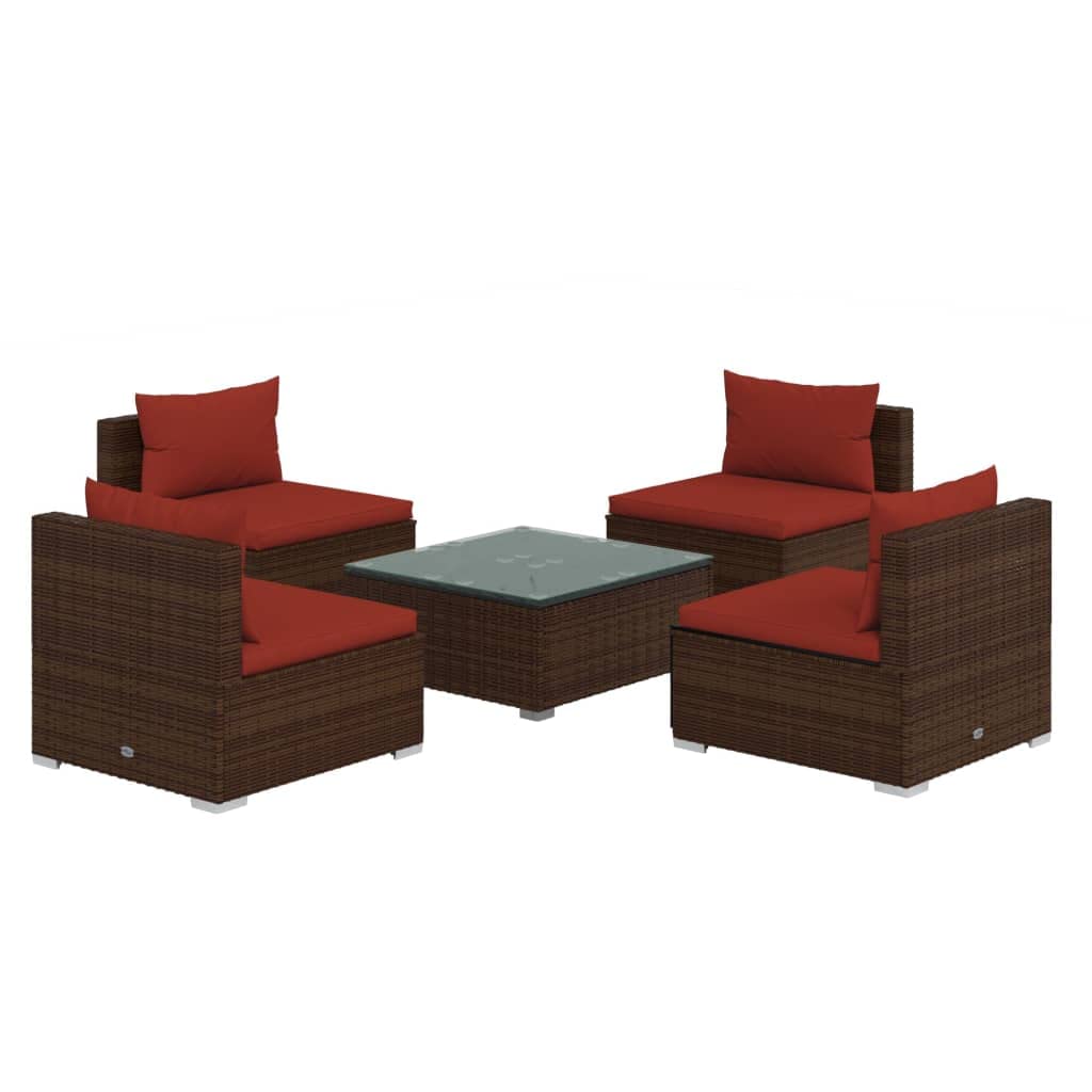 vidaXL 5-Piece Patio Lounge Set - Durable Poly Rattan Outdoor Furniture with Weather-Resistant Cushions & Modular Design, Brown - Perfect for Backyard, Garden, Poolside or Terrace Relaxation
