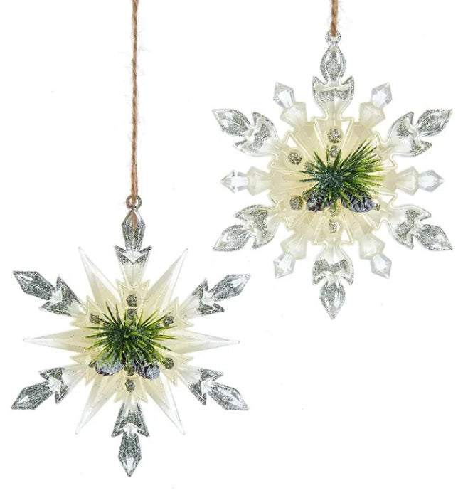 5 Pack Ivory and Sage Snowflake with Pine Cone Christmas Ornaments - Elegant Holiday Decor for Tree, Wreath, Mantel, and Festive Home Decorating