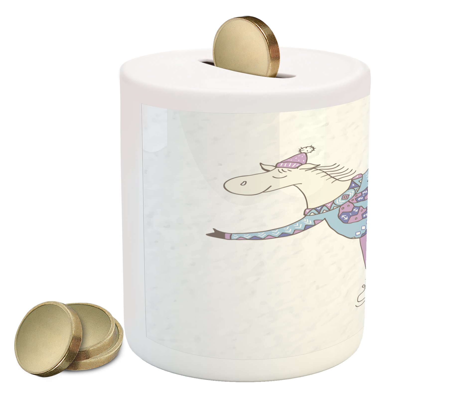 Lunarable Ceramic Horse Piggy Bank - Minimalist Scandinavian Style Ice Skating Design, 3.6