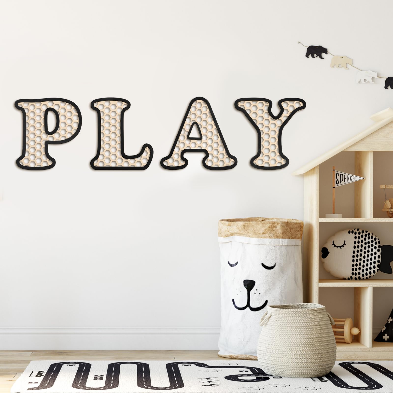 Boho Wooden Rattan Letters Set - Playroom Wall Decor, Nursery Room Art, Kids Playroom Sign (Black) - Perfect for Baby Room, Classroom & Boho Home Decor