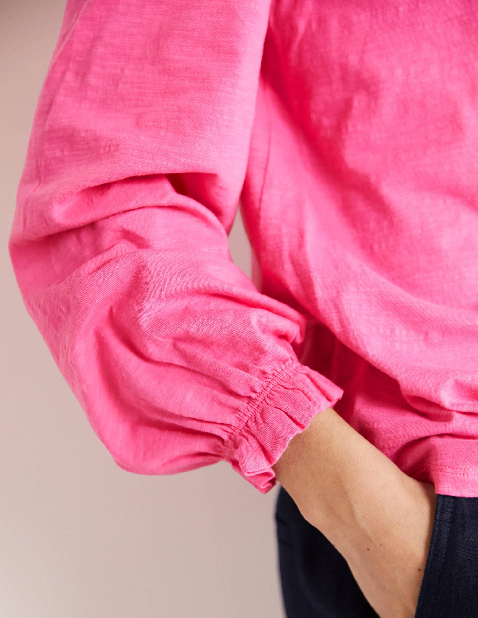 Women's Cotton Crew Neck Blouson Top - Soft Festival Pink Casual Shirt for Everyday Wear & Festivals