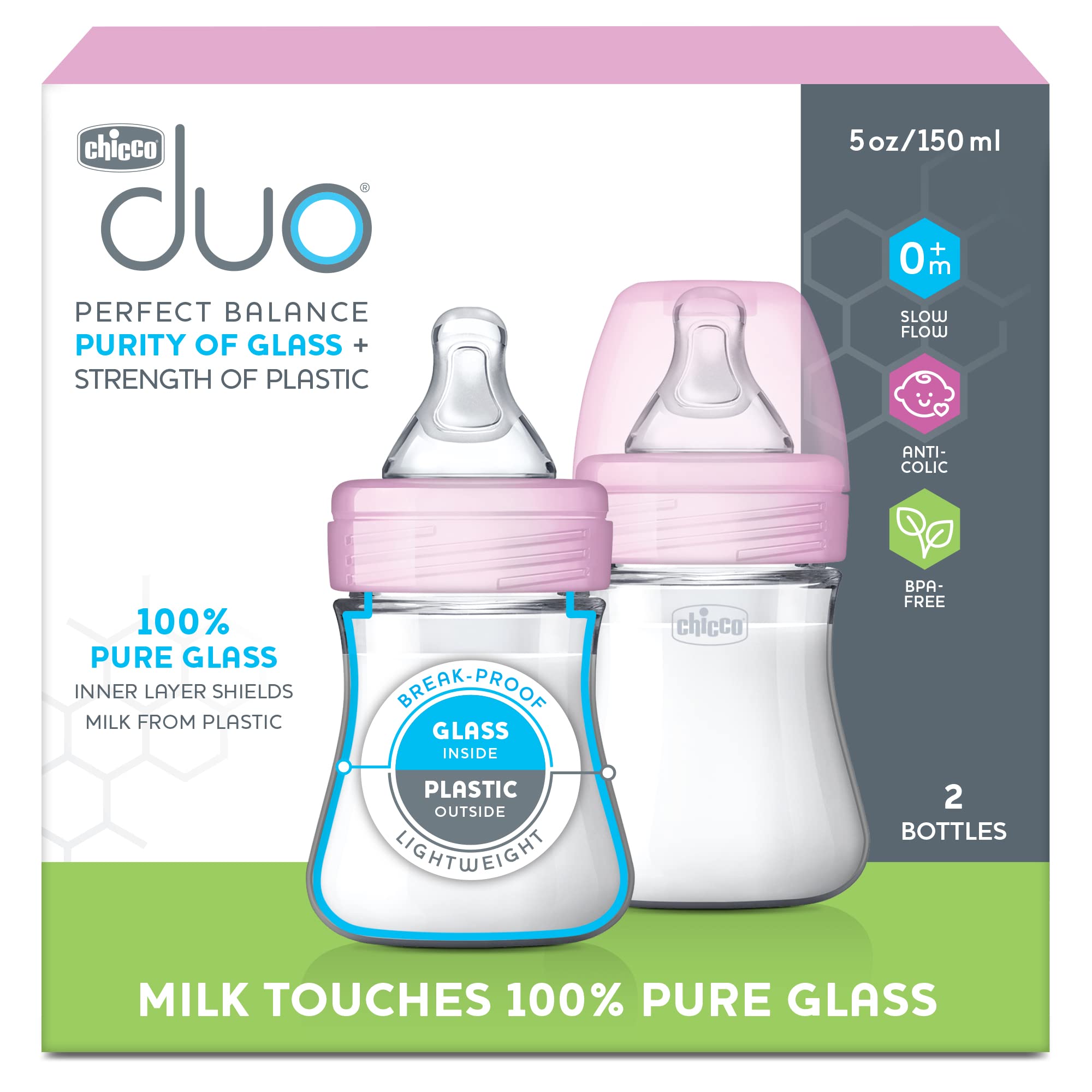 Chicco Duo 5oz Hybrid Baby Bottle - BPA-Free Glass Inner & Plastic Outer | Dishwasher, Bottle Warmer & Sterilizer Safe | Intui-Latch Nipple | Clear/Grey 2-Pack | Perfect for Breastfeeding, Formula Feeding & On-the-Go Use