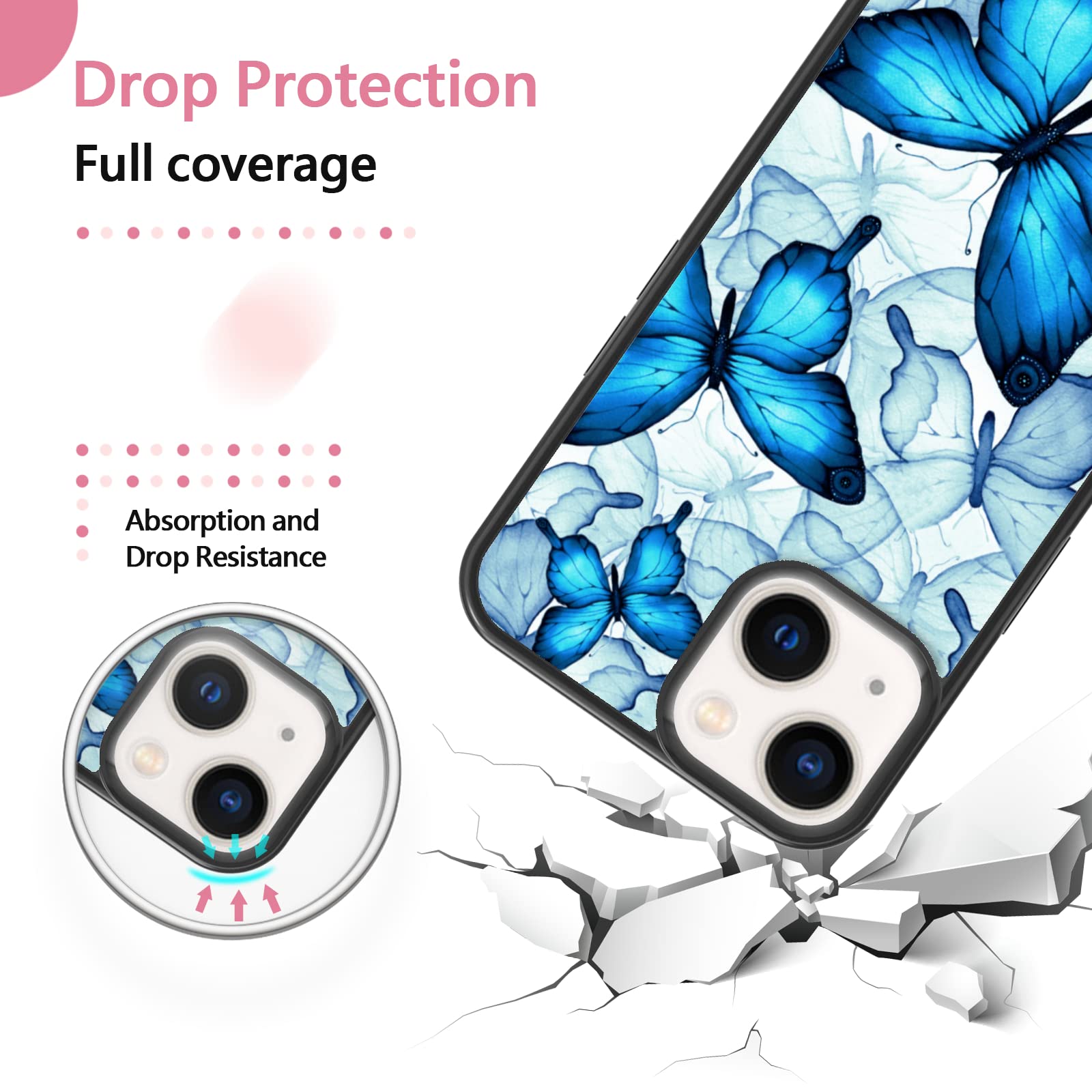 Shockproof Blue Butterfly Phone Case for iPhone 13 (6.1 Inch) - Cute Protective TPU Case Cover for Women & Teens - Perfect Gift for Girls, Birthday & Daily Use