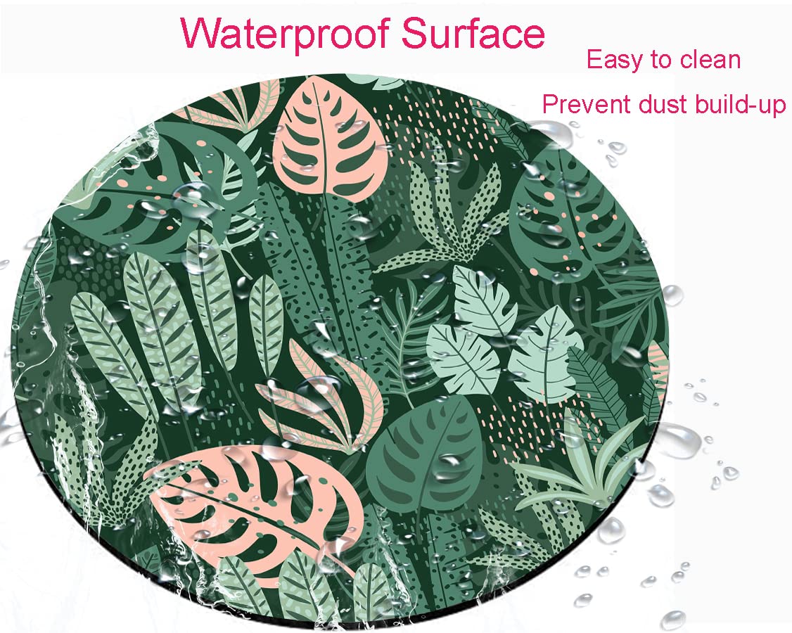 Tropical Plant Leaves Round Mouse Pad - Green Washable Gaming Mousepad with Non-Slip Rubber Base for Wireless Mouse | Desk Computer Accessories for Office & Home Use
