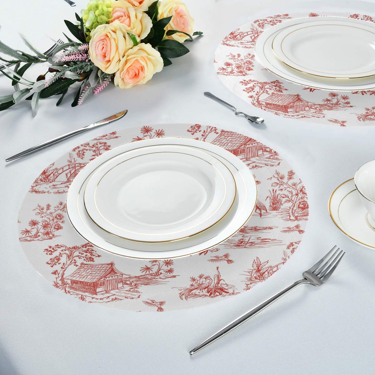 Chinoiserie Style Round Placemats Set of 4 - Non-Slip Heat Resistant Table Mats for Dining Decor, Perfect for Chinese New Year, Thanksgiving & Holiday Dinner Parties