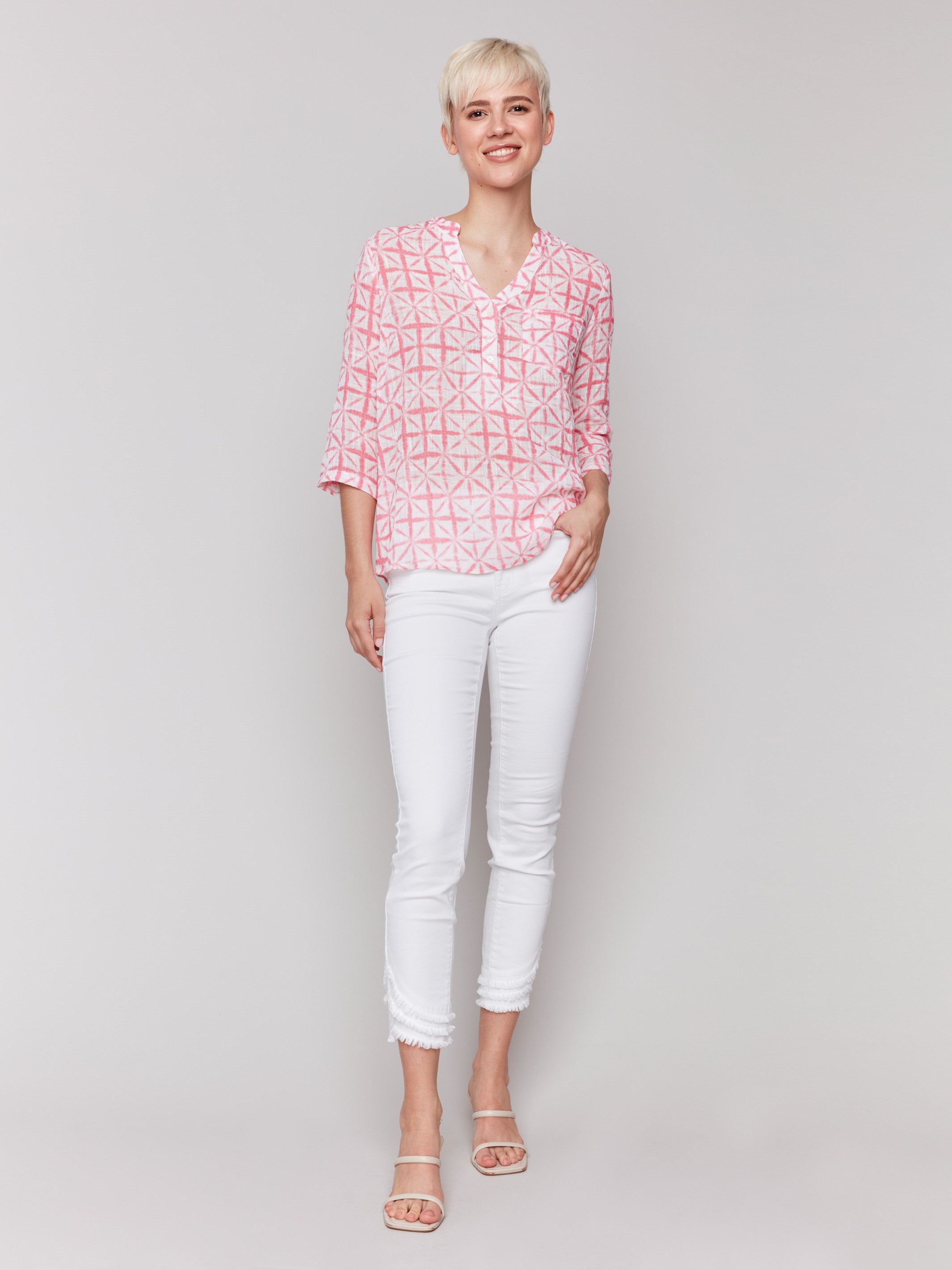 Printed Cotton Gauze Half Button Blouse - Floral Begonia Design | Women's Casual Boho Chic Top for Summer, Beach & Vacation Outfits