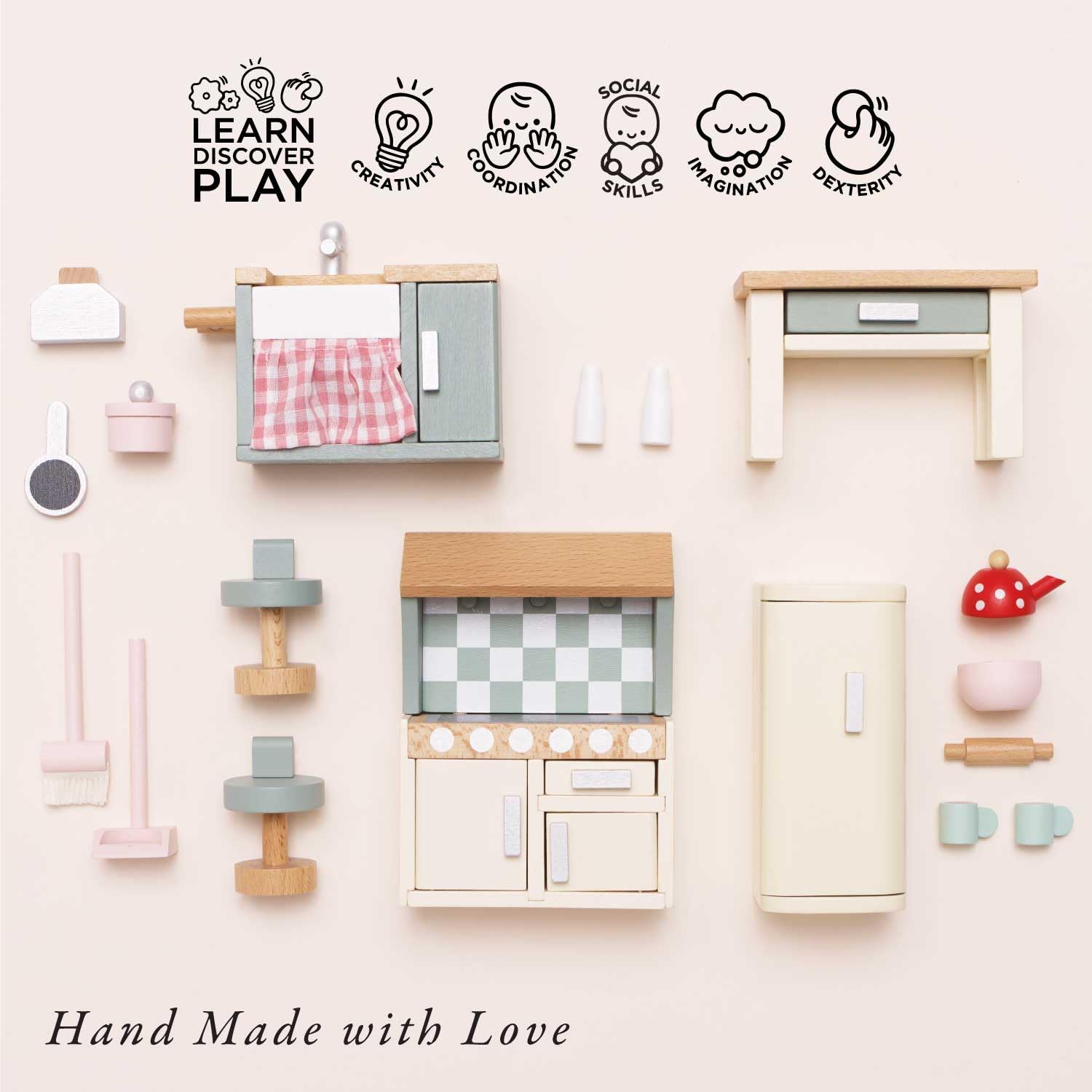 Le Toy Van Daisylane Kitchen Dollhouse Furniture Set - Miniature Wooden Play Kitchen Accessories for Kids (ME059) | Pretend Play, Doll House Decor, Gift for Girls & Boys