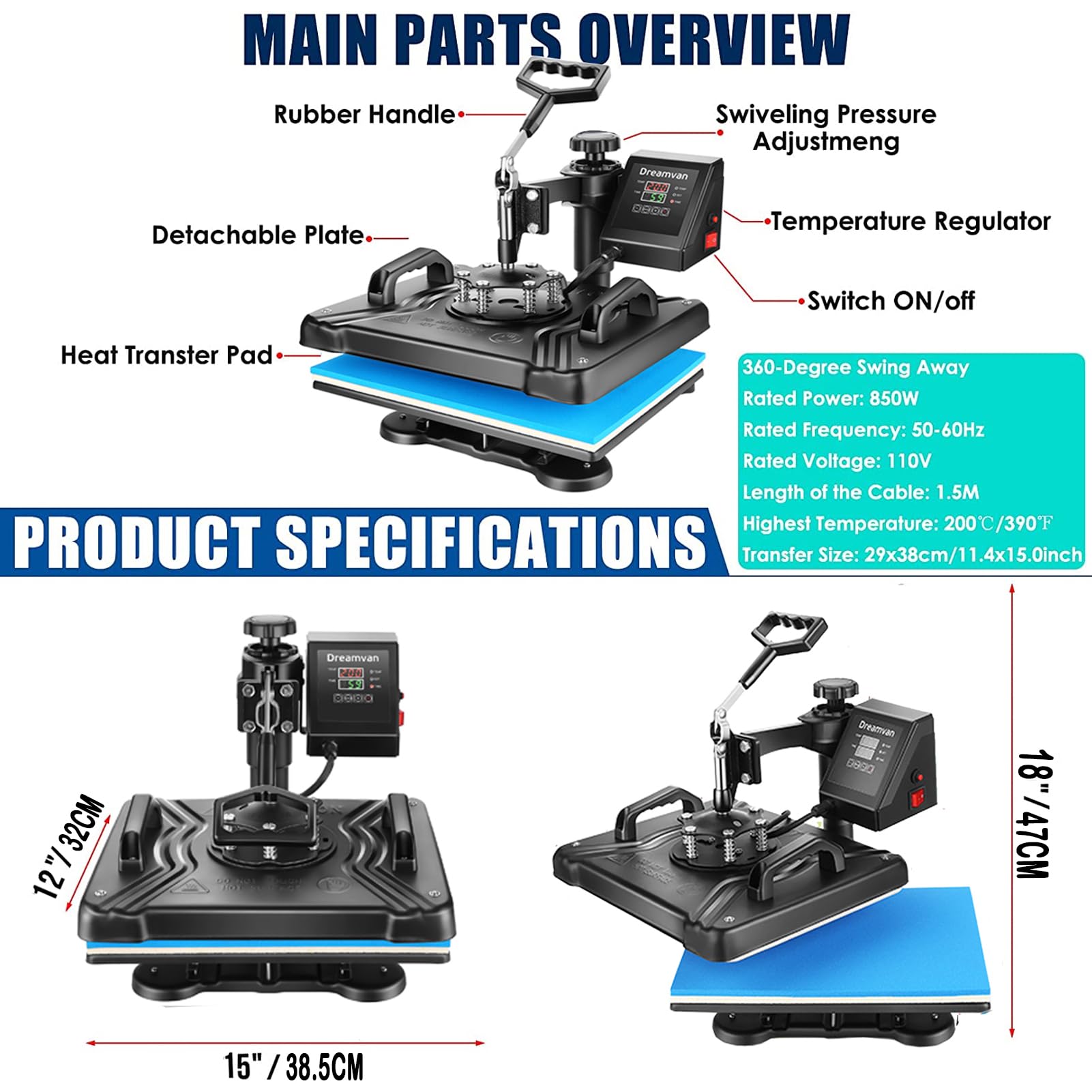 AKEYDIY 8 in 1 Digital Heat Press Machine 12x15 Inch with 360° Swing Away - Multi-Function Sublimation Combo for T-Shirts, Mugs, Hats & Plates - Perfect for DIY Crafts, Custom Apparel & Small Business Printing