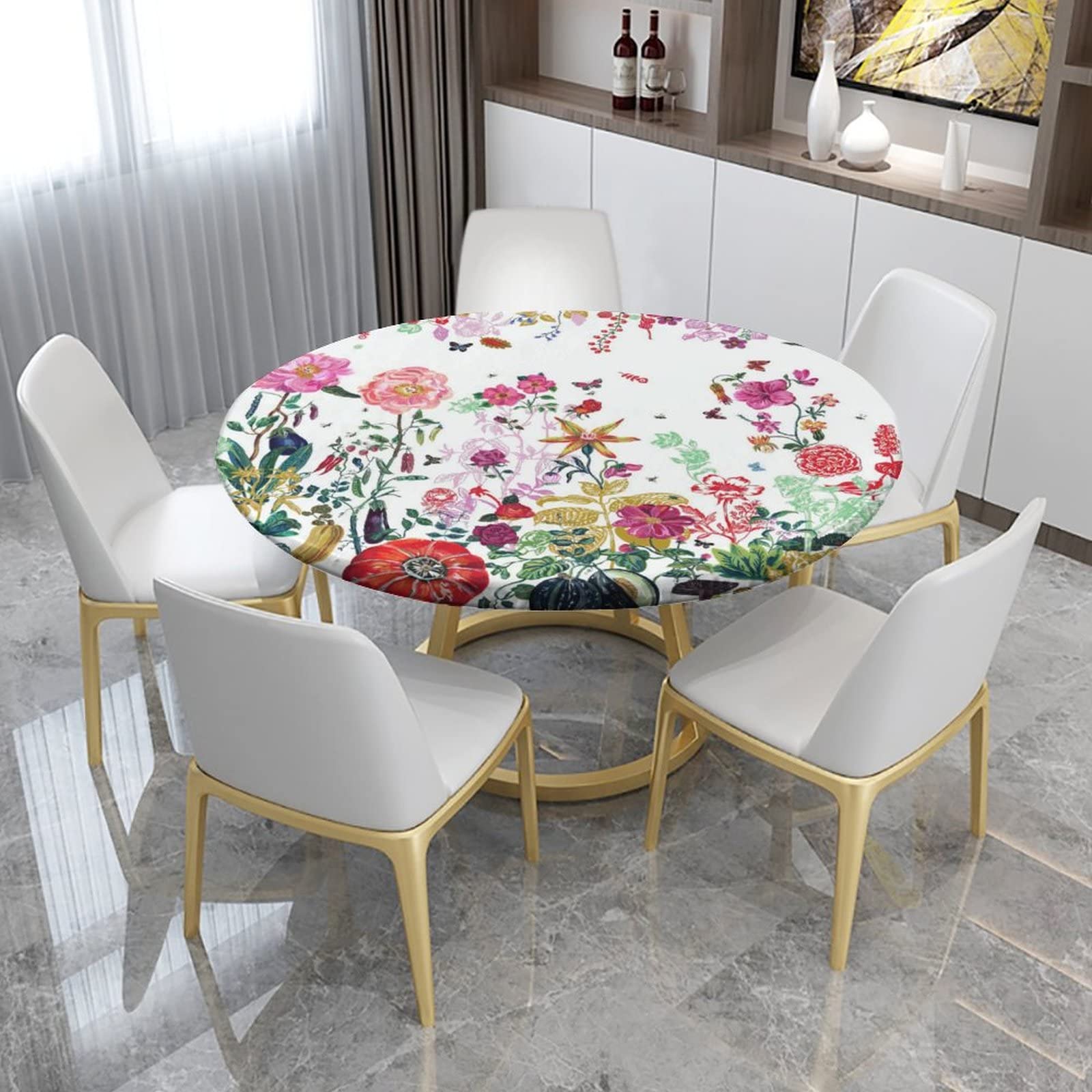 Colorful Flowers & Butterflies Waterproof Polyester Round Tablecloth - Fits 40-Inch Tables, Wipe Clean & Durable - Perfect for Outdoor Picnics, Garden Parties & Summer Dining