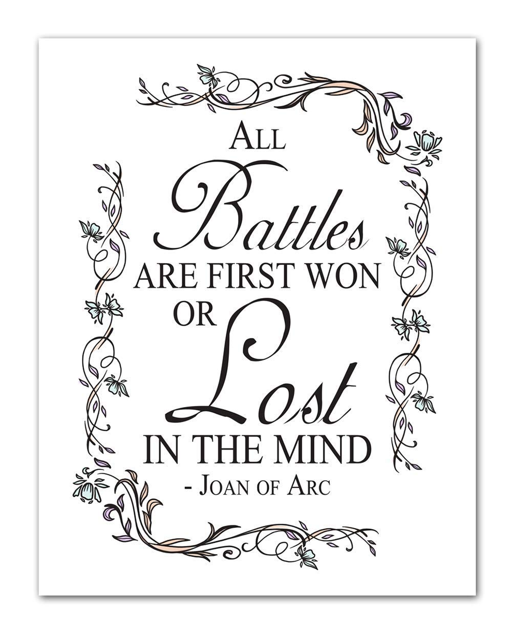 TJ Originals - 'All Battles are First Won or Lost in the Mind' Joan of Arc Christian Bible Quote Wall Art Print - 11x14 Inspirational Scripture Decor with Floral Border - Perfect for Home, Office & Gift for Family & Friends