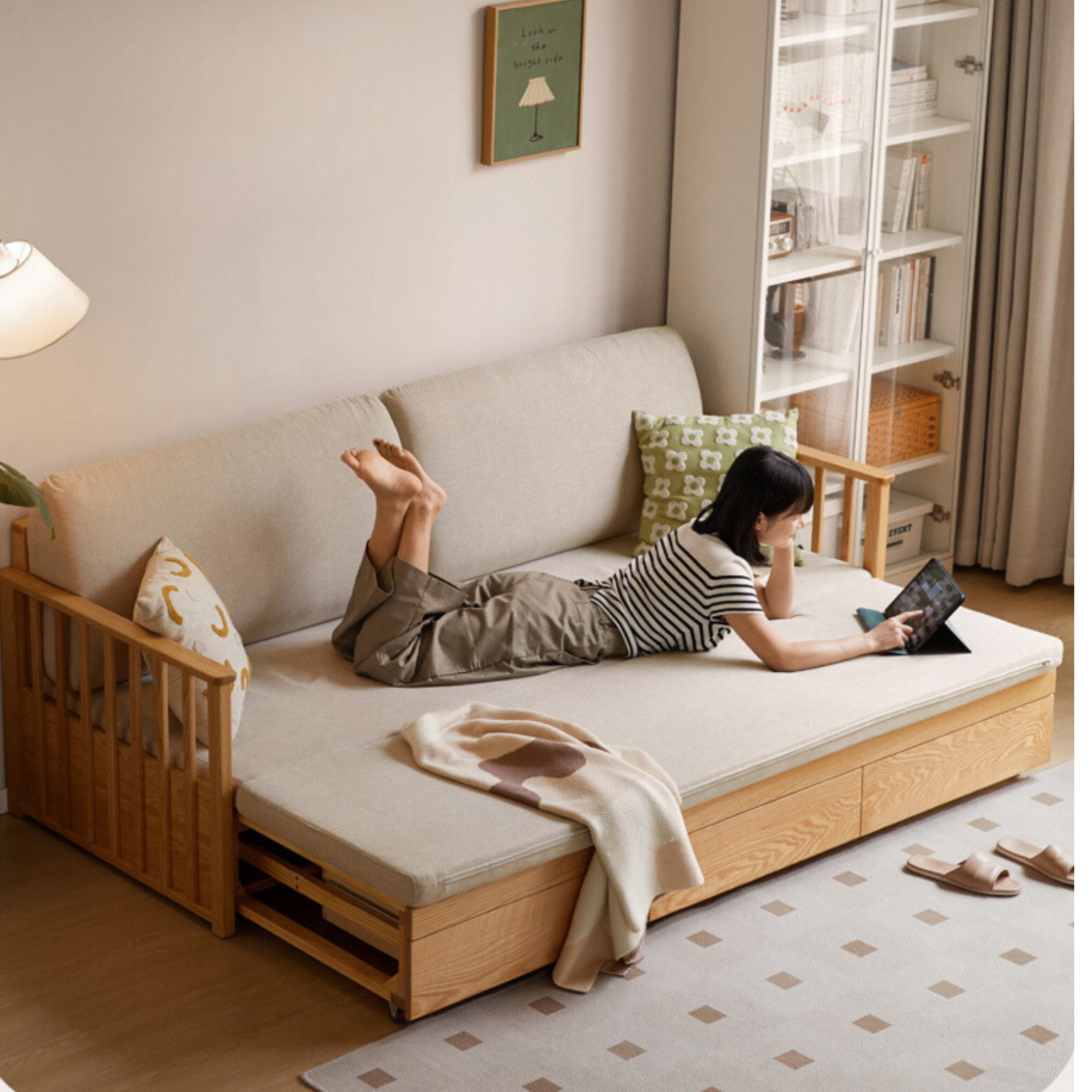 Solid Oak Wood Storage Sofa Bed - Convertible Sitting & Sleeping Furniture for Small Spaces, Living Room, Guest Room & Apartments