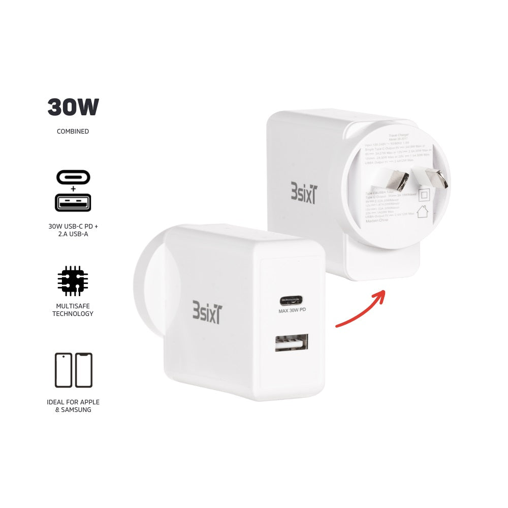 3sixT 30W USB C Wall Charger with PD Fast Charging & 2.4A Port - Compact Travel Charger for iPhone, Samsung, iPad, MacBook - Perfect for Home, Office & Travel Use