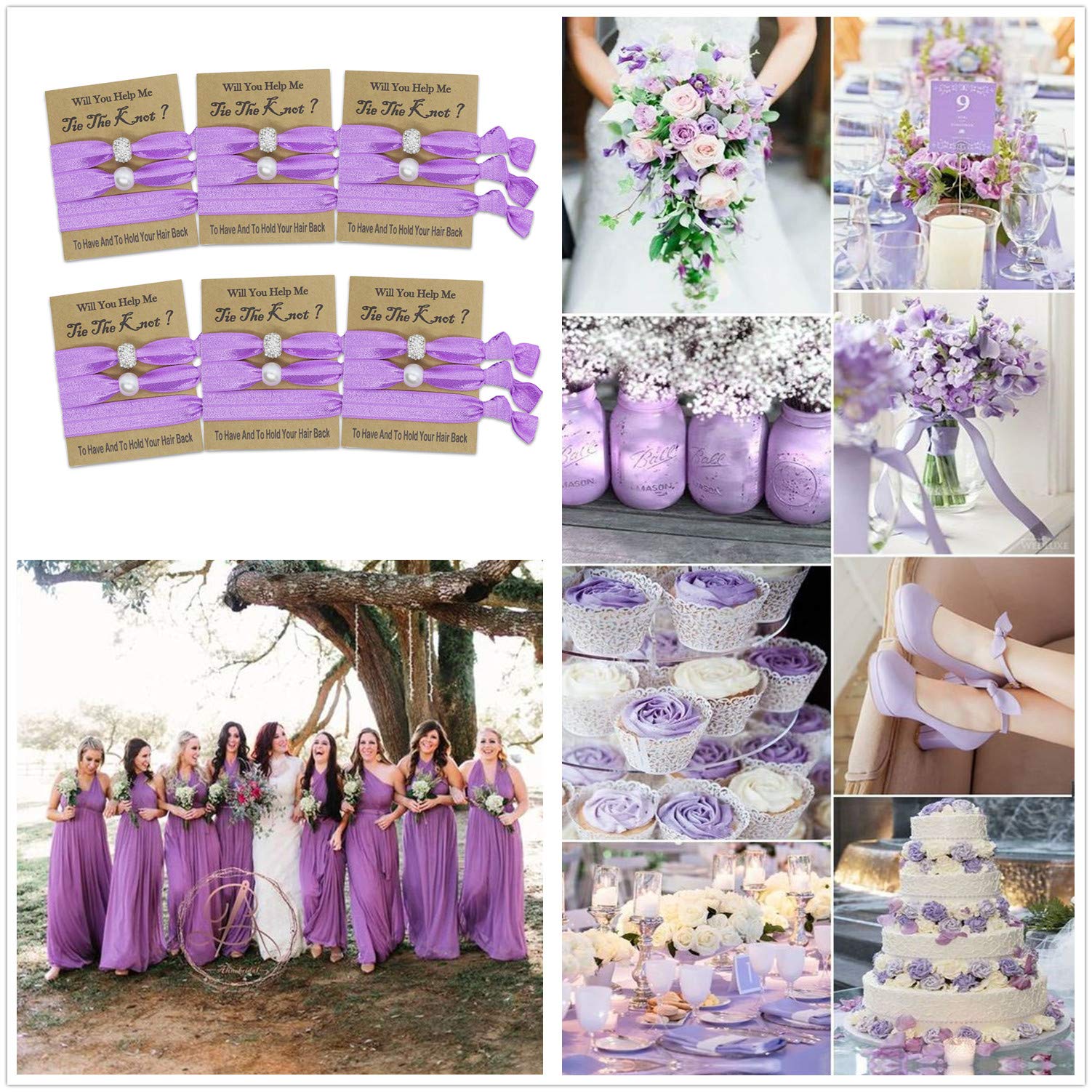 6-Pack Lilac Hair Ties for Bridesmaids - Elegant Wedding Party Favors, Bachelorette Gifts & Bridal Shower Accessories - Perfect for Wedding, Engagement & Special Occasions