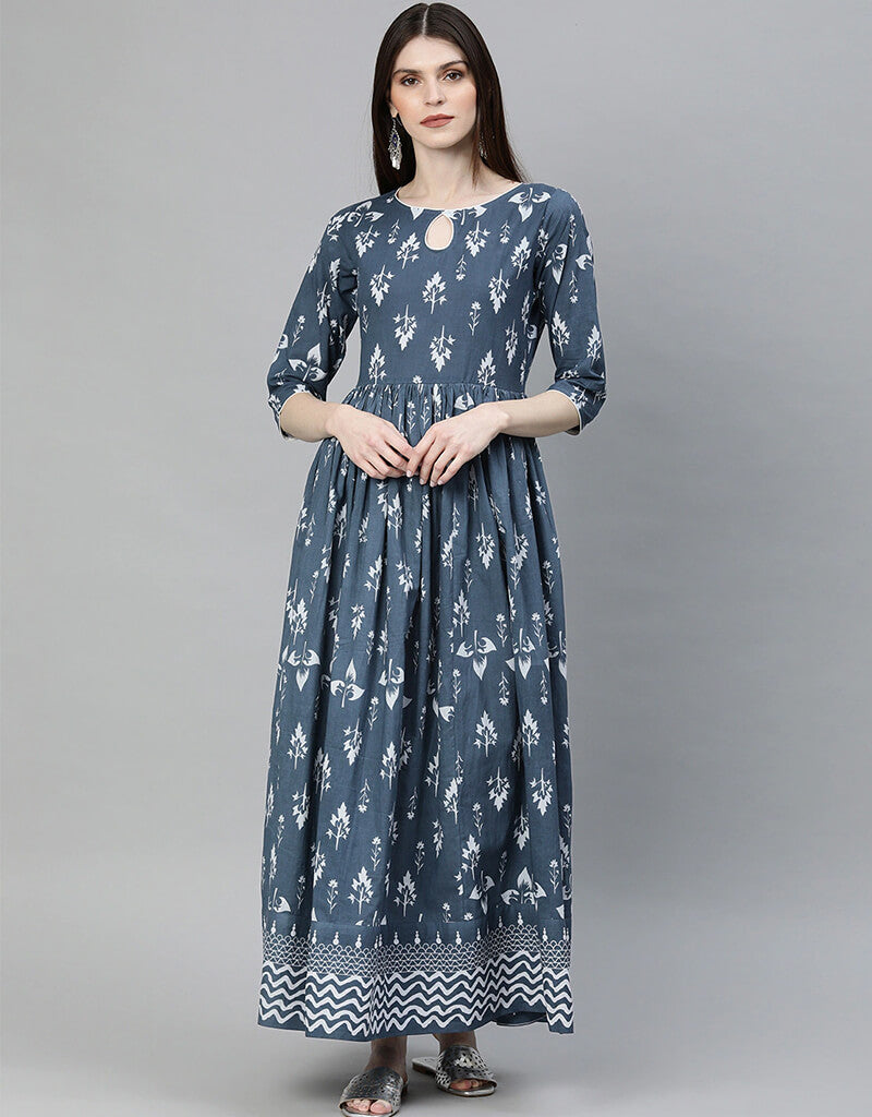 Stylish Blue Cotton Anarkali Kurti for Women - Traditional Indian Long Tunic Top - Perfect for Festivals, Weddings & Casual Wear
