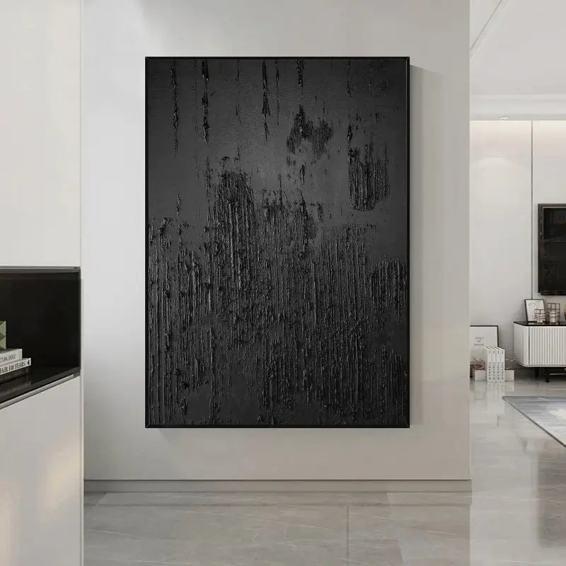 Modern Black Minimalist Textured Wall Art - Abstract Canvas Painting for Living Room, Bedroom & Office Decor | #MZ010