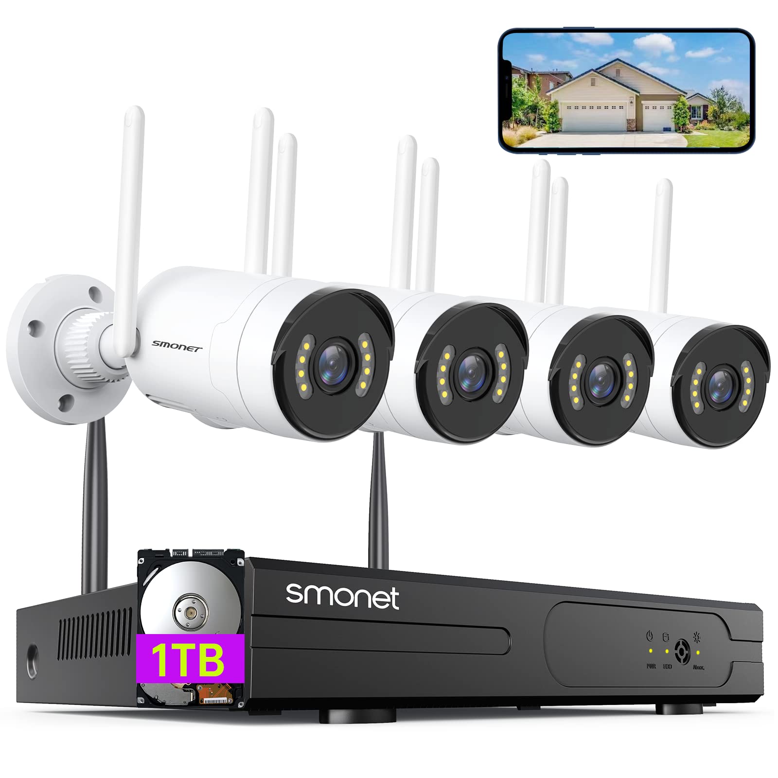 SMONET 8CH 1080P WiFi Security Camera System with 1TB Hard Drive - 4 Pack Outdoor/Indoor IP Cameras, 2-Way Audio, Night Vision, 24/7 Recording - Remote View via Phone App - Ideal for Home & Business Surveillance
