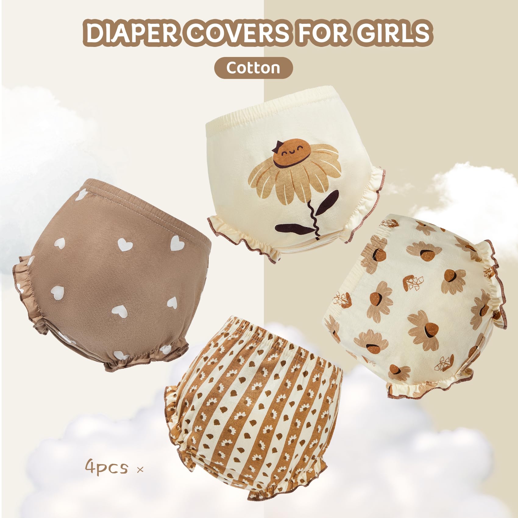 4Pcs Girls Diaper Covers - Soft Cotton Baby Bloomers with Ruffle Trim for Toddler Girls | Perfect for Playtime, Photo Shoots & Everyday Wear