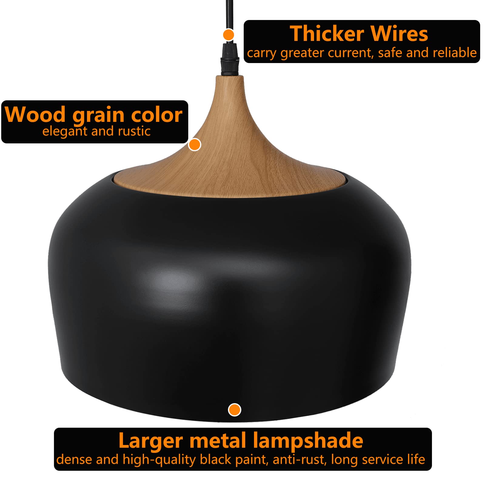 Modern Big Plug-in Pendant Light with 16.4ft Cord & On/Off Switch - Black Wood Grain Hanging Light Fixture for Kitchen Island, Dining Room, Table Lighting - Perfect for Farmhouse, Industrial & Contemporary Home Decor