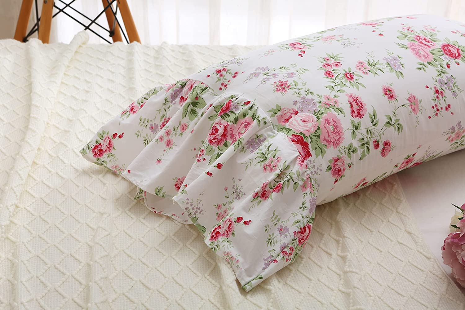 Rose Floral Long Ruffles Cotton Pillow Shams Set of 2 - King Size Bedding, Decorative Cushion Covers for Master Bedroom, Living Room Sofa, Home Decor