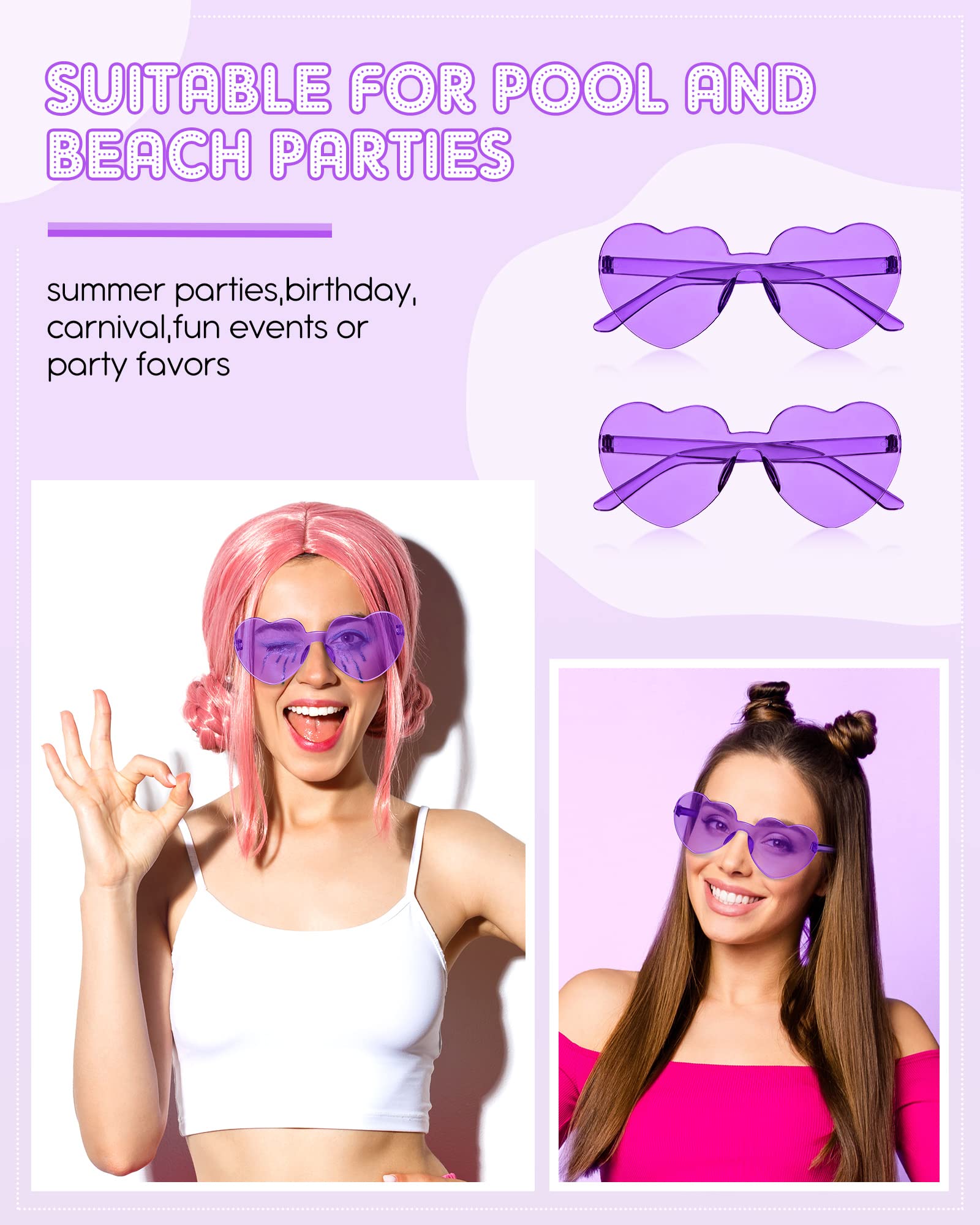 Colzzy 16-Pack Heart-Shaped Sunglasses - Bulk Purple Party Sunglasses for Women, Witch Birthday Accessories & Costume Eyewear - Perfect for Halloween, Bachelorette Parties & Themed Events