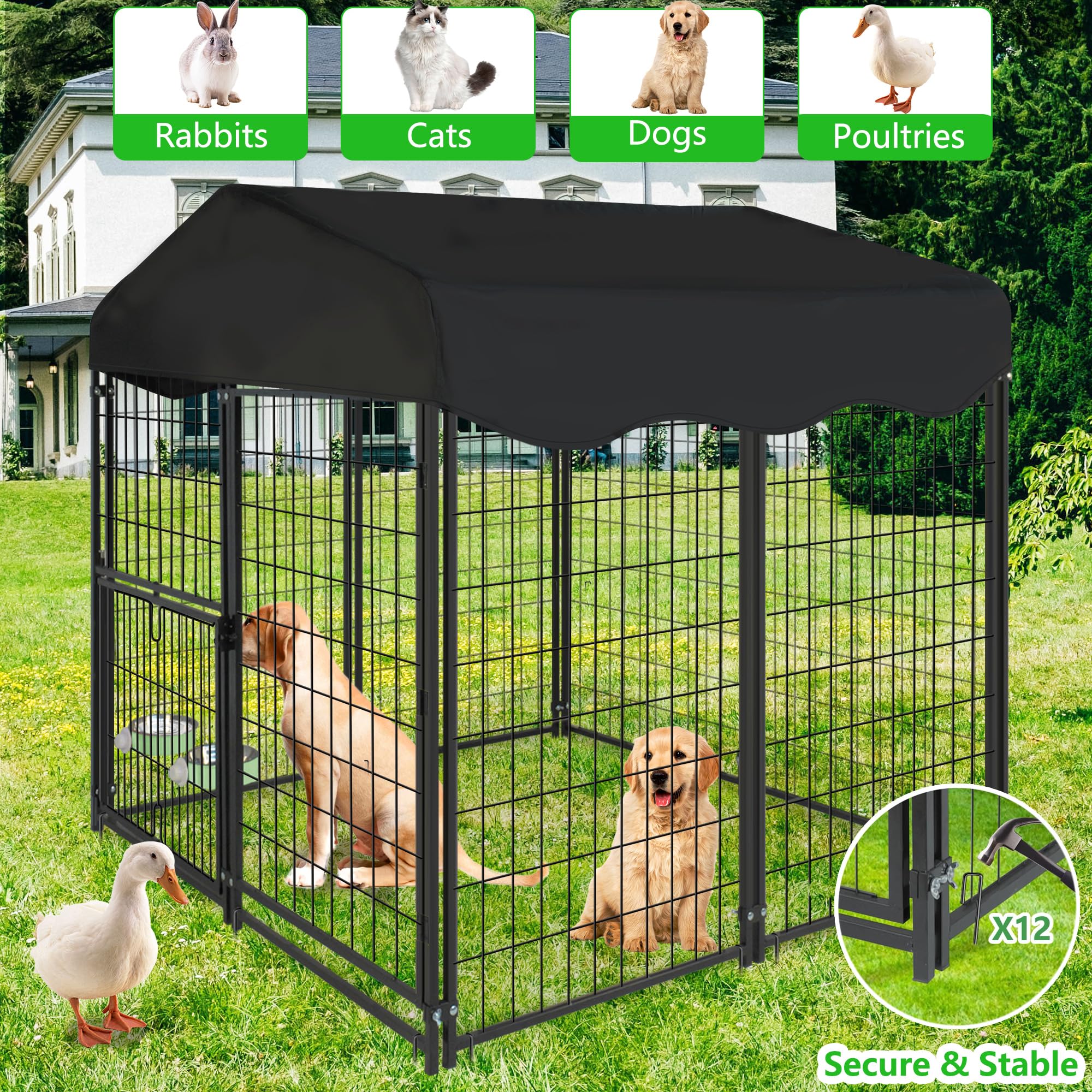 Heavy Duty Outdoor & Indoor Dog Kennel with Roof - 4.2' x 4' x 4.5' Large Dog Cage with Waterproof Cover & Adjustable Feeding Bowls - Perfect for Yard, Patio, or Home Use - Durable Dog House for All Weather Conditions
