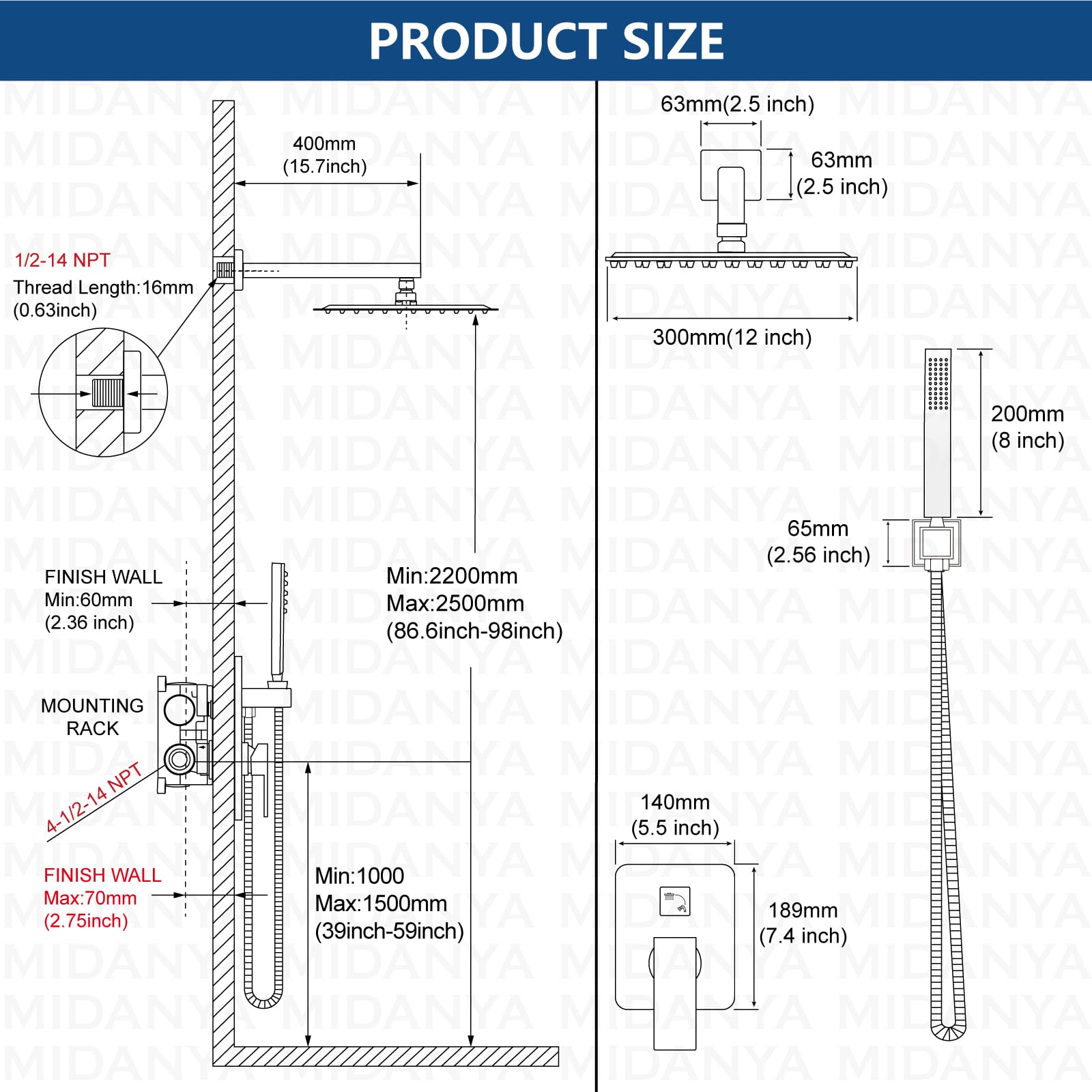 Midanya 12 Inch Square Rainfall Shower System - Brushed Nickel Wall Mount Shower Faucet Set with Handheld Sprayer, Rough-in Valve & Trim Kit - Luxury Bathroom Mixer Shower Combo for Spa-like Experience