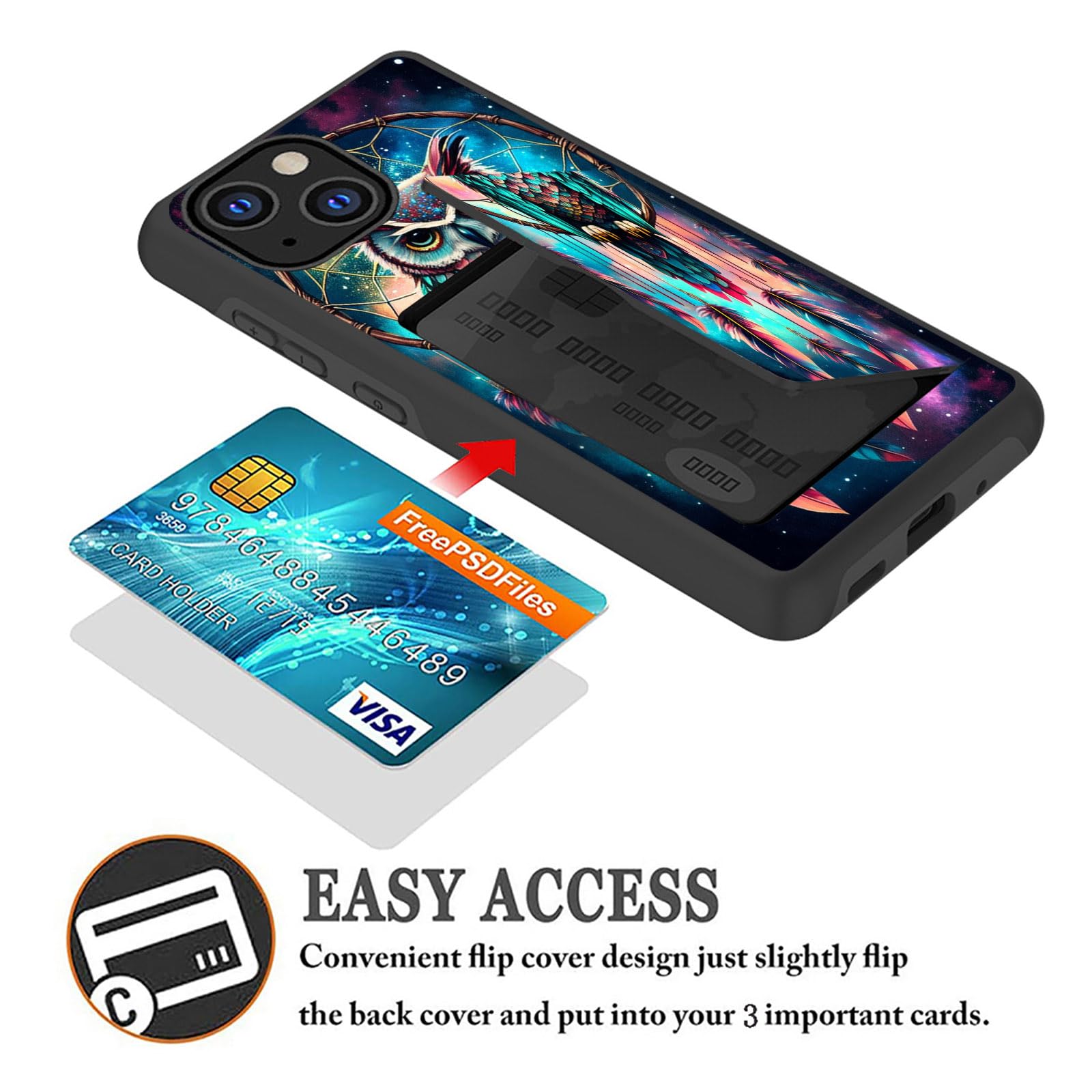 Shockproof Armor Hybrid Case with Card Holder for iPhone 12 Pro Max (6.7 Inch 2020) - Rugged Silicone Protective Wallet Cover Featuring Owl Dream Catcher Design | Perfect for Outdoor Adventures, Travel & Everyday Use