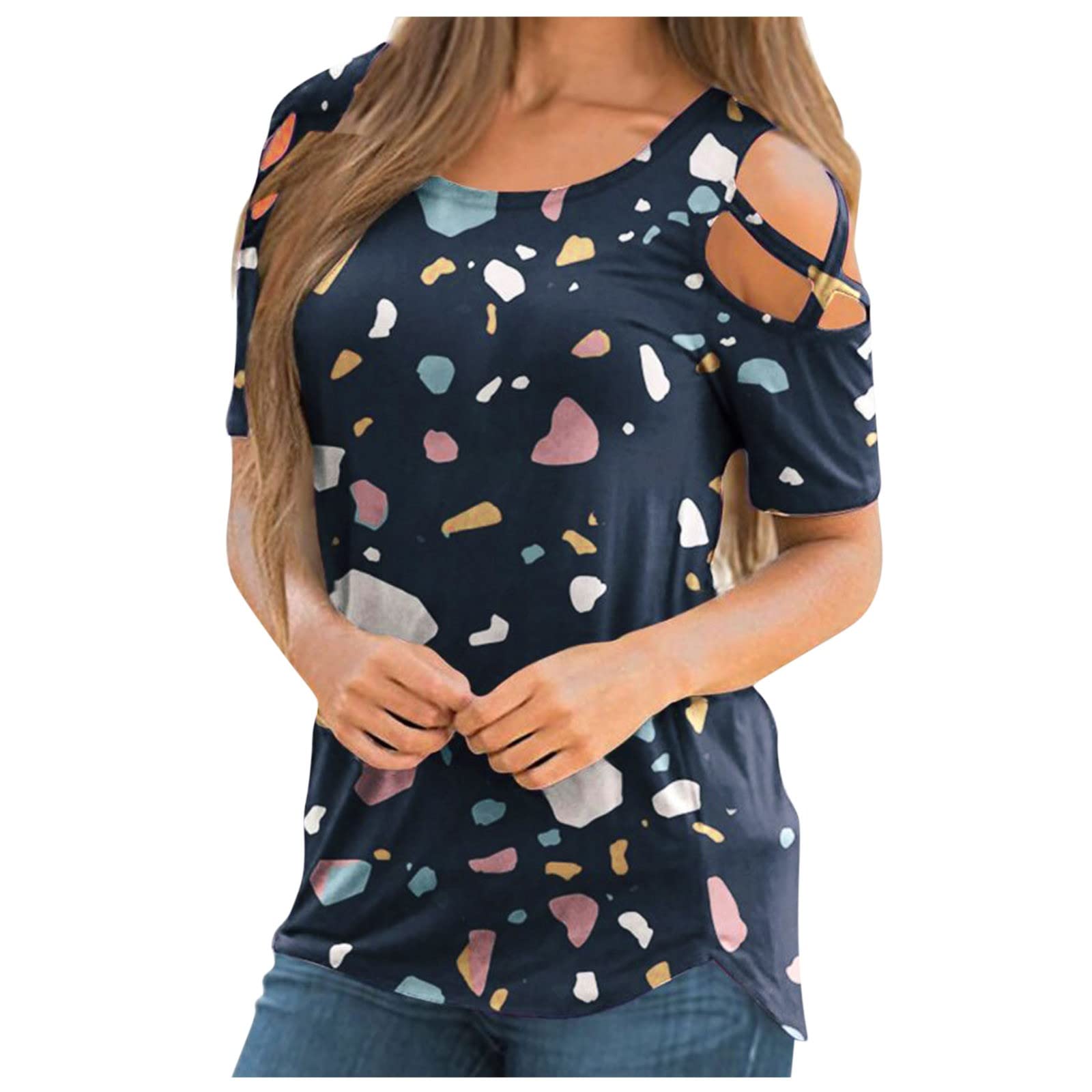 Trendy Women's Short Sleeve Summer Tops - Casual & Dressy Navy Blouse for Party, Work & Everyday Wear