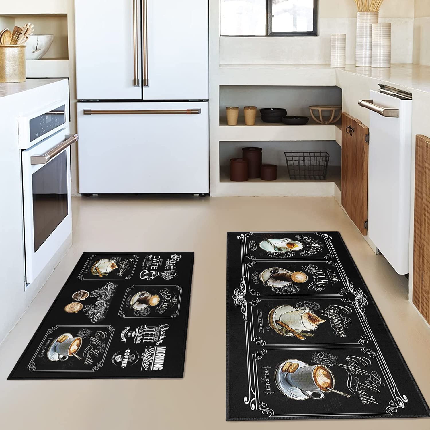 Premium Non-Slip Kitchen Rugs Set of 2 - Black Coffee Cup Latte Art Design, Super Absorbent & Washable, Waterproof Kitchen Sink Mats for Coffee Lovers - Perfect for Kitchen, Laundry Room & Entryway Decor