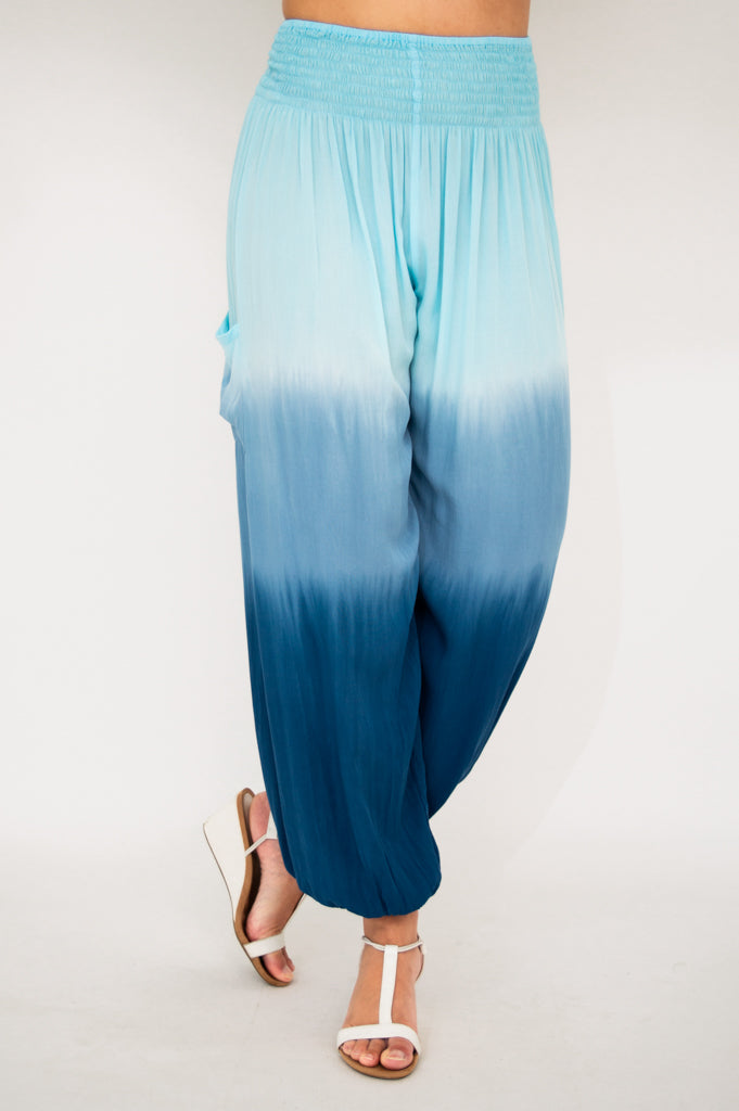 Embra Pants - Turquoise Dip Dye Women's Casual Joggers | Soft Comfortable Lounge Pants for Yoga, Travel & Home Wear