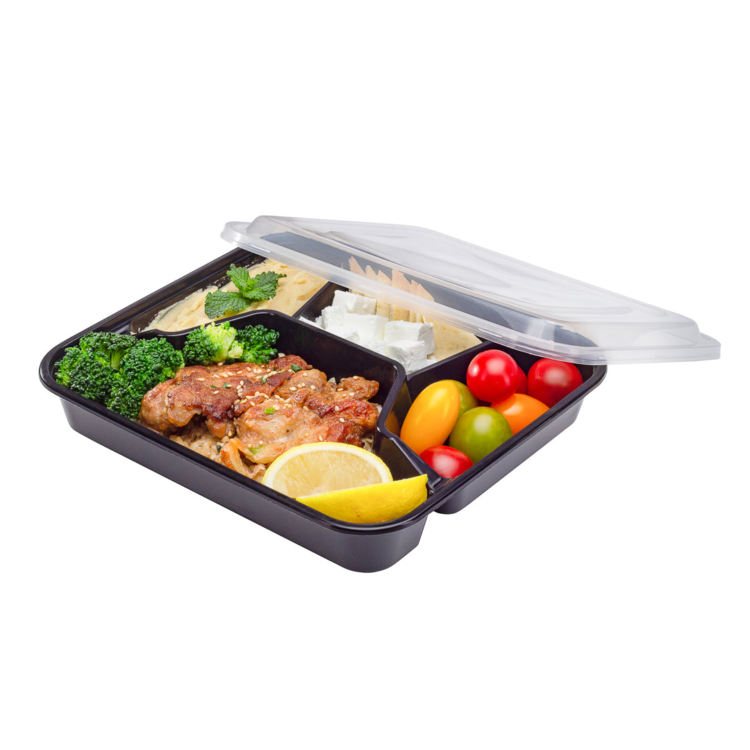 34 oz Black Plastic 4-Compartment Meal Prep Containers with Clear Lids - Microwave Safe (8.75