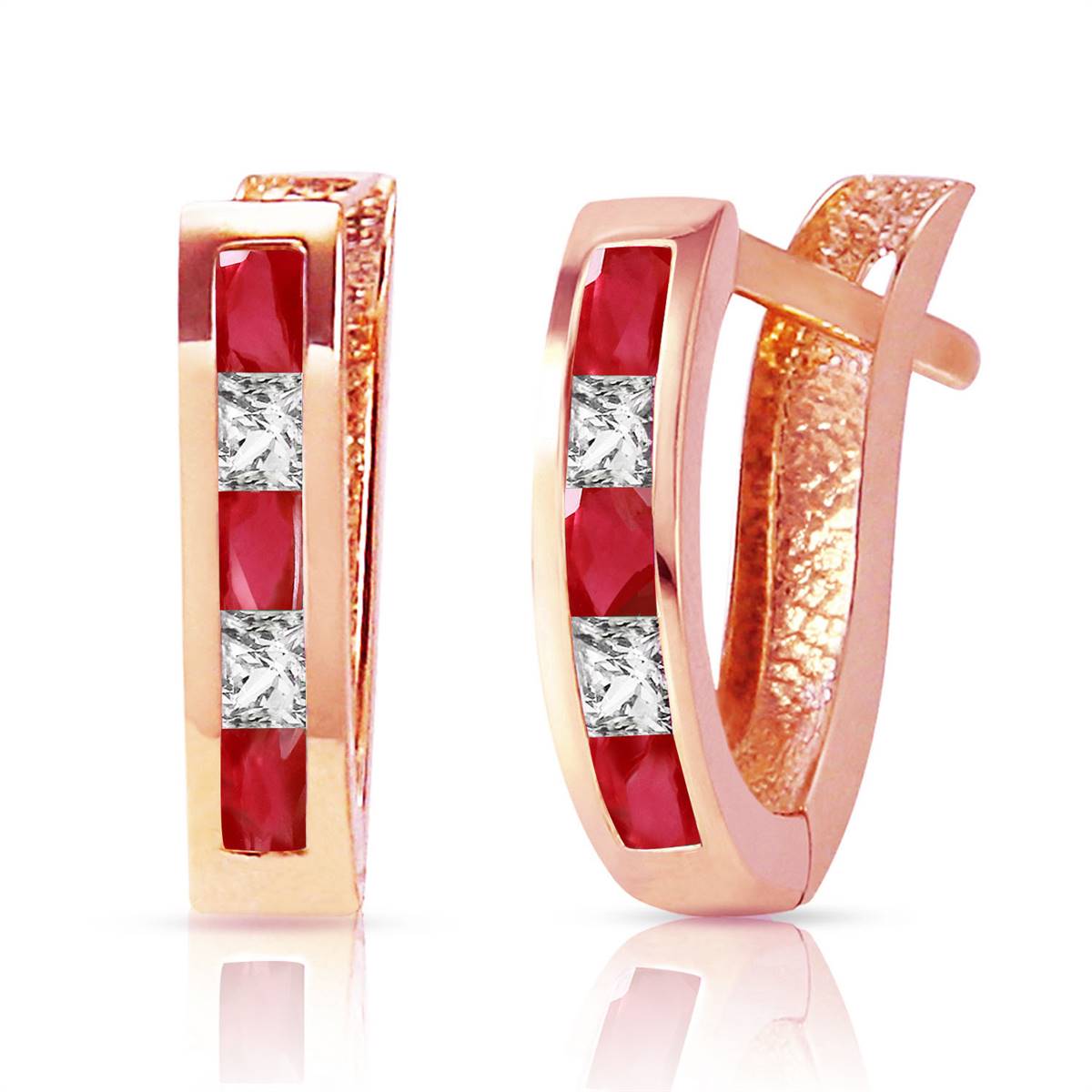 1.26 Carat 14K Solid Rose Gold Ruby & White Topaz Hoop Earrings for Women - Elegant Dangle Earrings for Wedding, Party & Everyday Wear