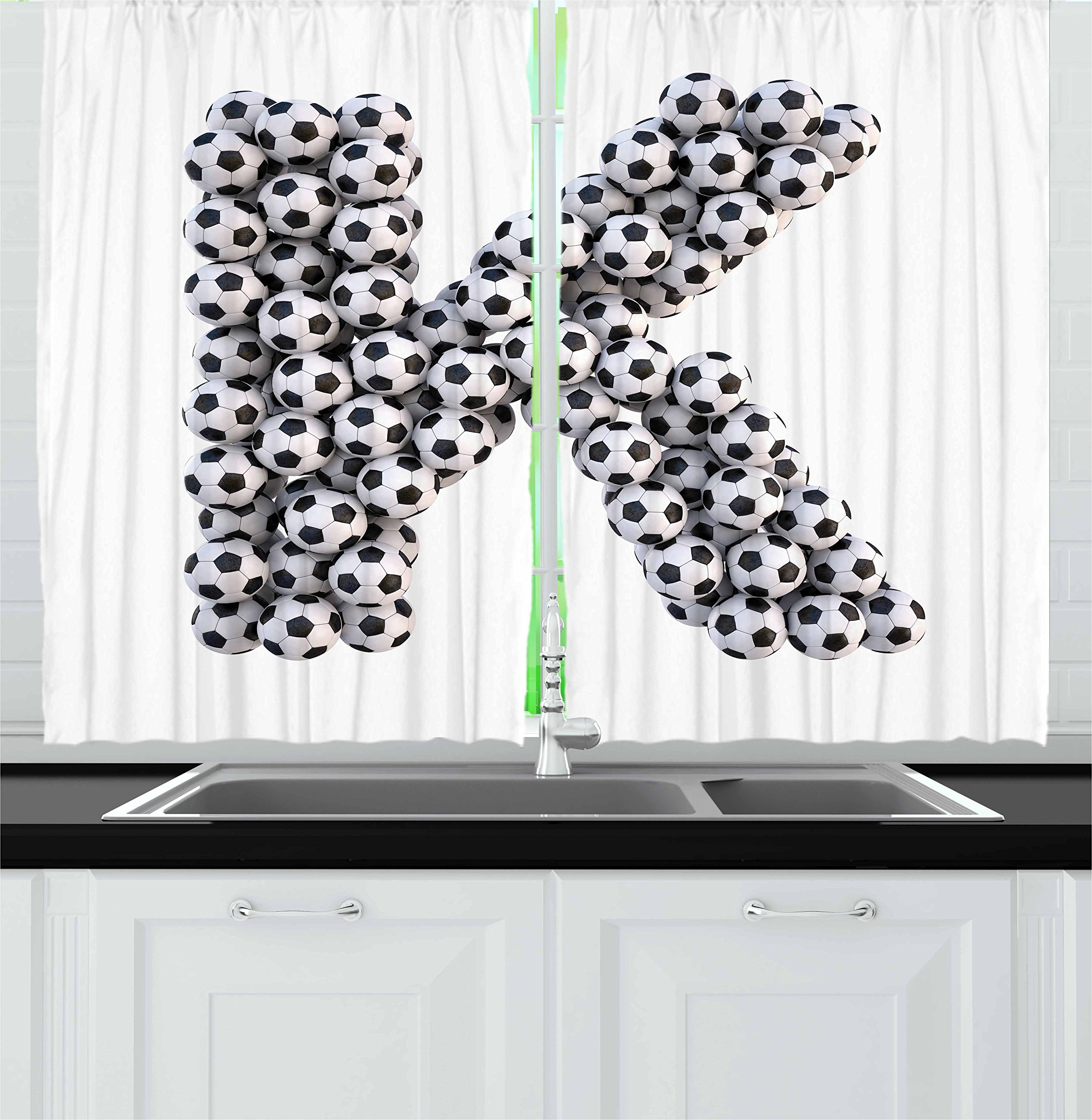 Ambesonne Letter K Kitchen Curtains - Black & White Alphabet Soccer Ball Design Sports Theme Window Drapes, 2 Panel Set (55