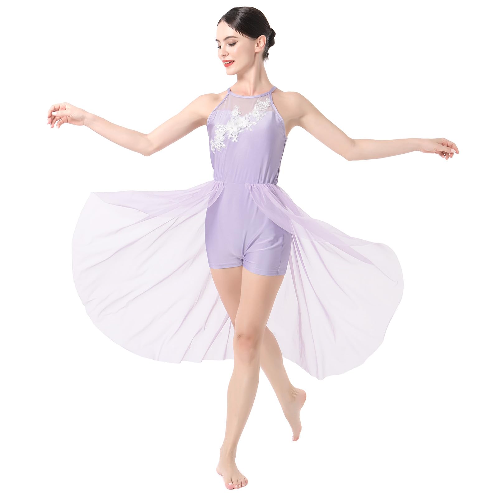 Elegant Lyrical Dance Dress for Women - Halter Neck Floral Contemporary Ballet Costume with Flowy Tulle Skirt & Boyshorts | Perfect for Performances, Recitals & Dance Competitions