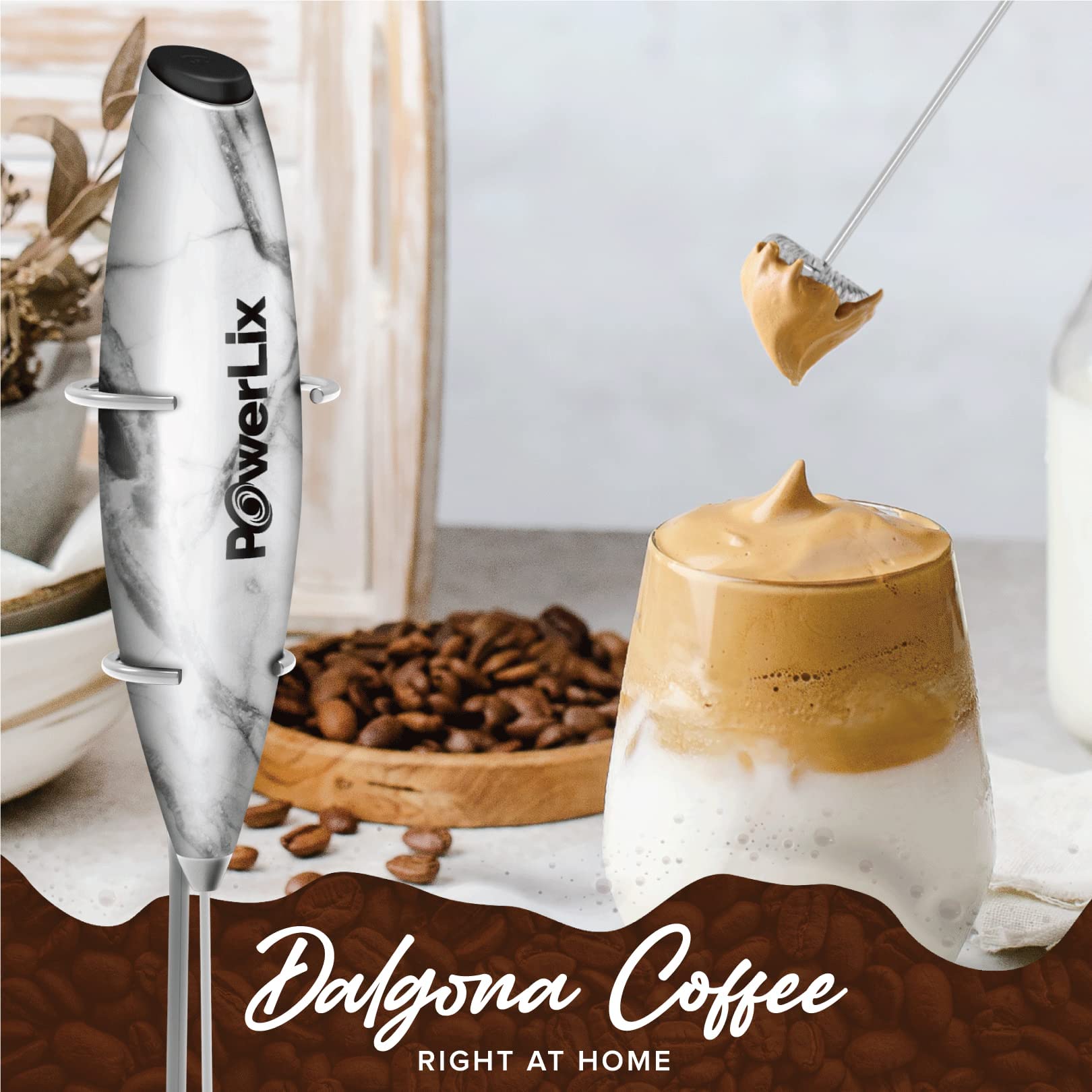 PowerLix Powerful Handheld Milk Frother - Battery Operated Foam Maker for Coffee, Latte & Cappuccino - Includes Stand (Black/White Marble) - Perfect for Home, Office & Coffee Shops
